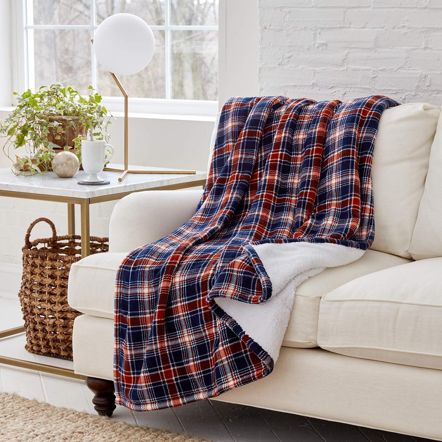 Full Glen Plaid Navy Reversible Sherpa Electric Throw Blanket