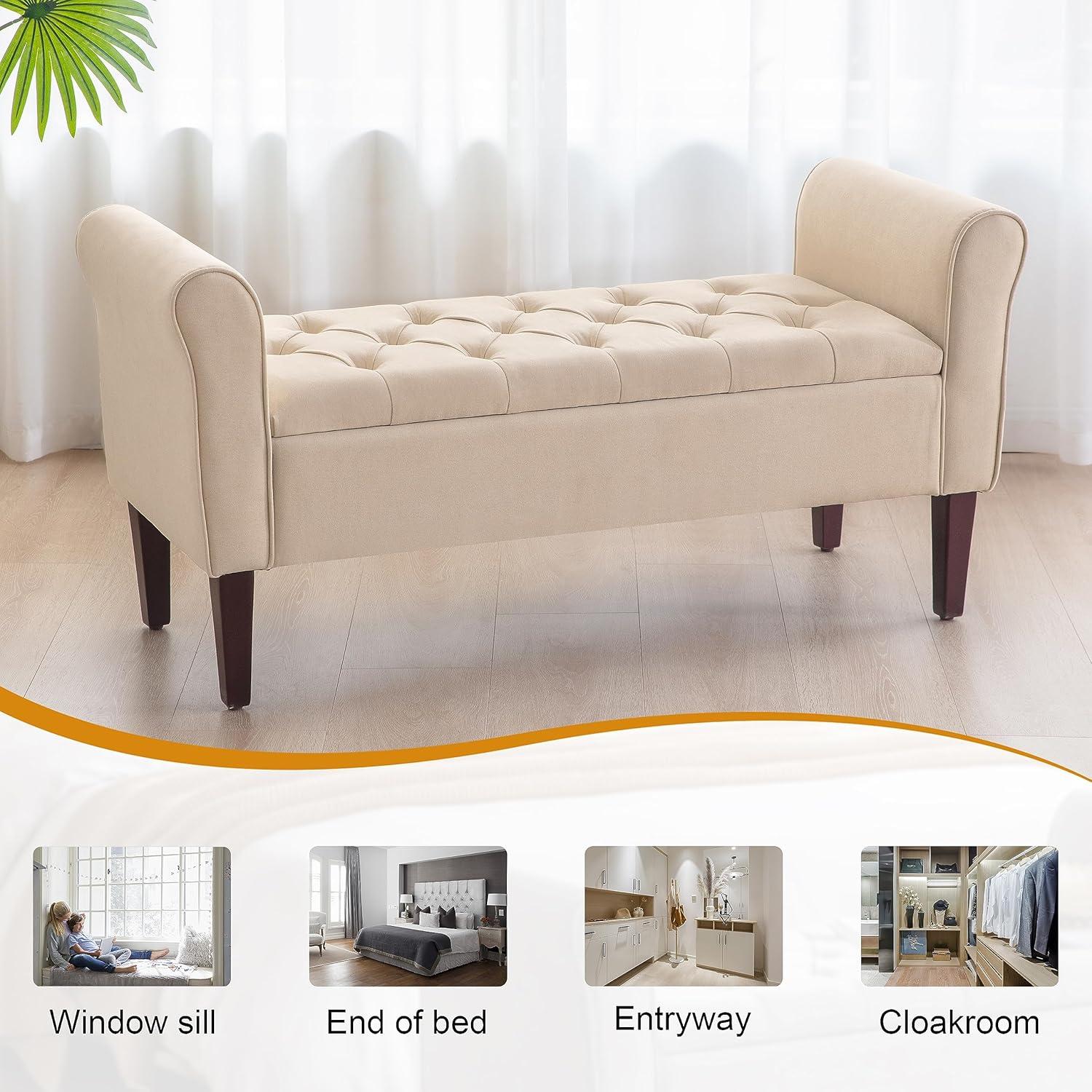 Tan Tufted Fabric Storage Ottoman Bench with Solid Wood Legs