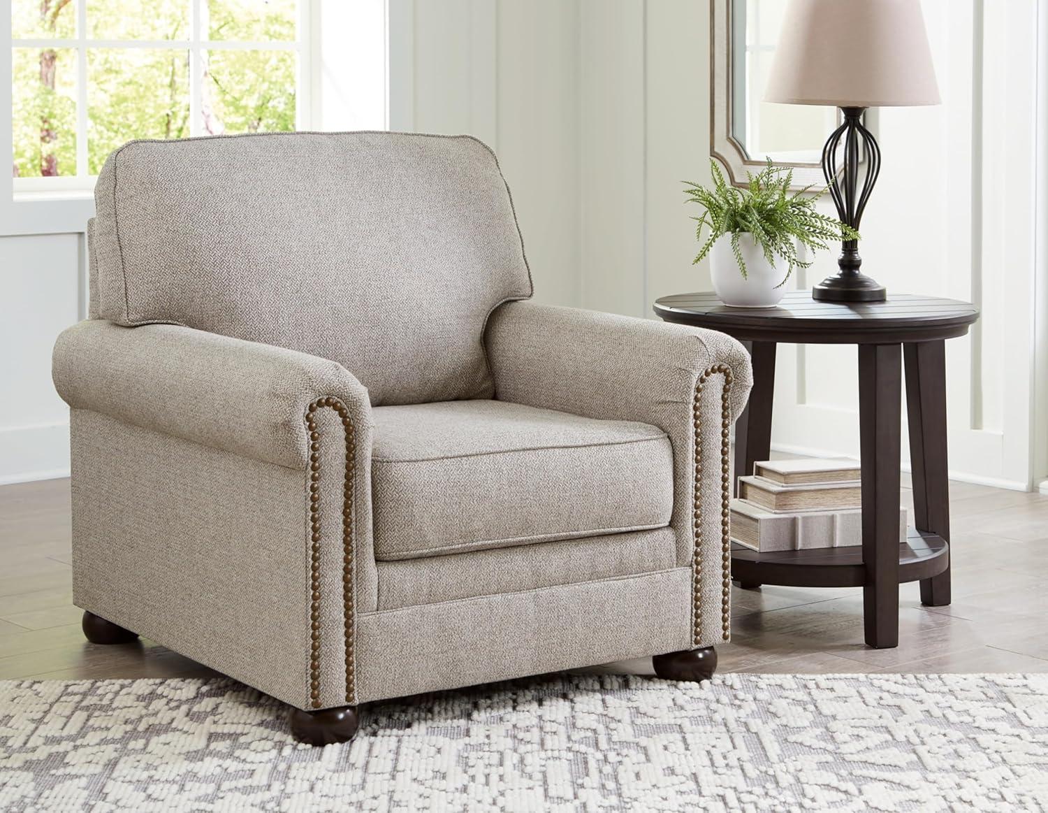 Beige Herringbone Stationary Chair with Nailhead Trim