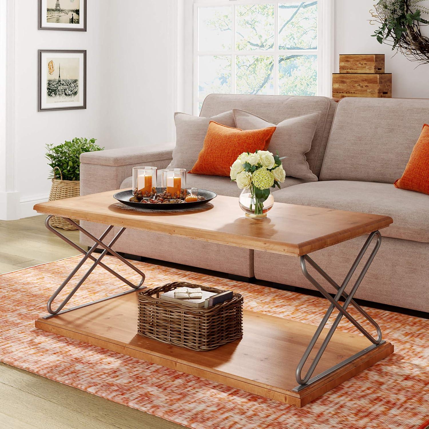 Brooks Natural Brown Wooden Coffee Table with Metal Cross Legs