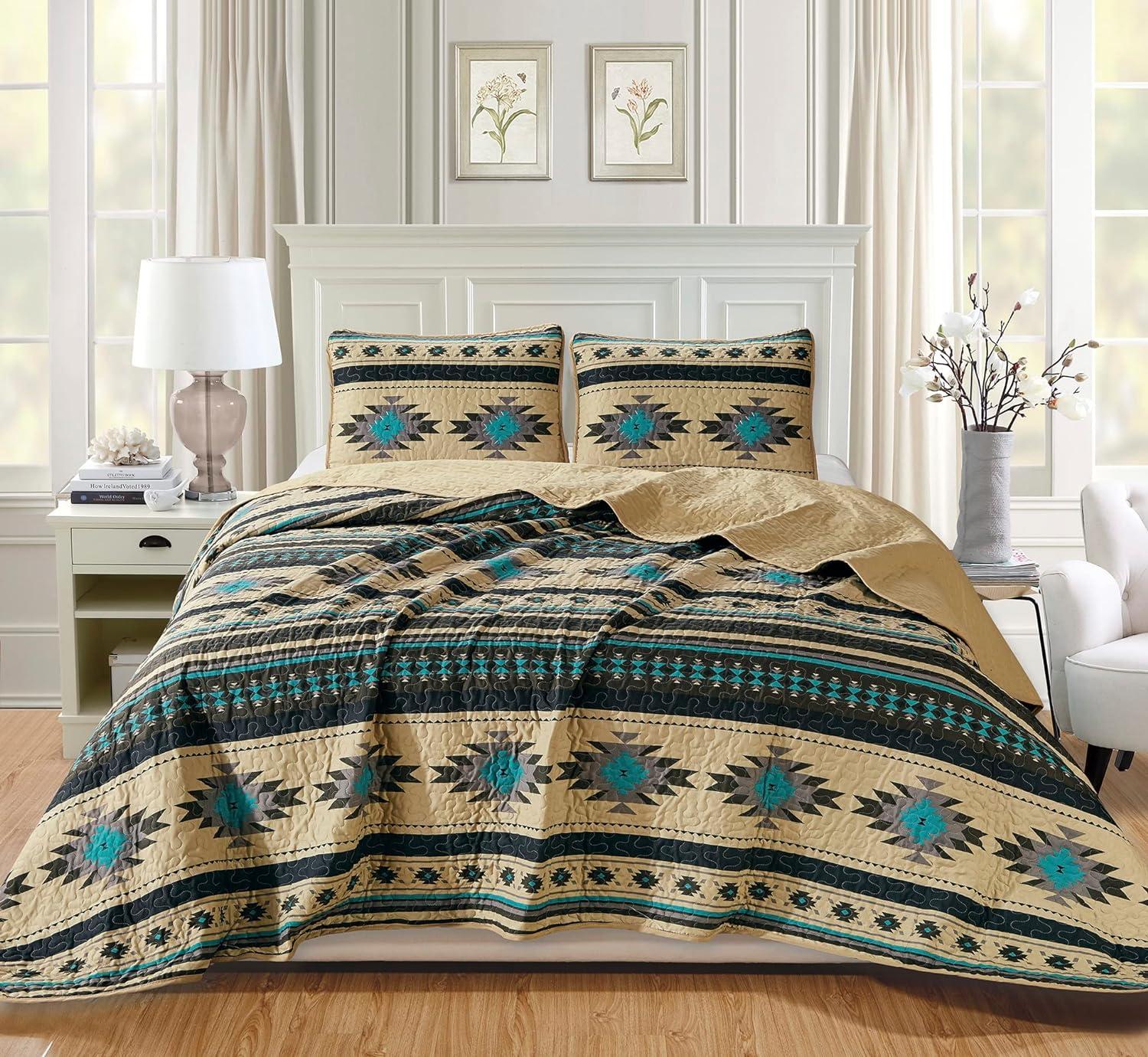 Southwestern Teal and Beige Geometric Twin Quilt Set