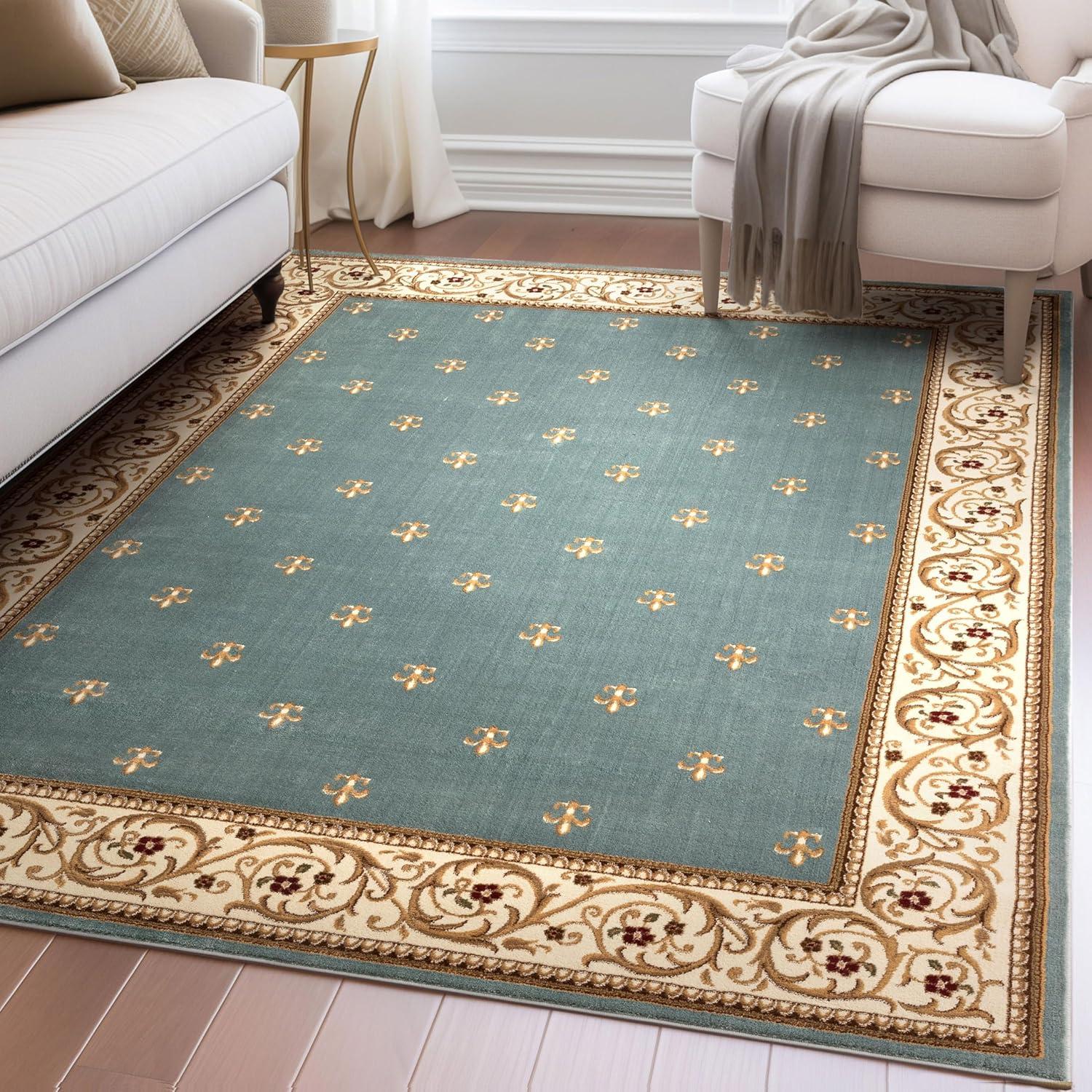 Well Woven Barclay Collection Fleur de Lis Light Blue 7'10" x 9'10" Area Rug - for Living Room, Bedroom, and Dining Room