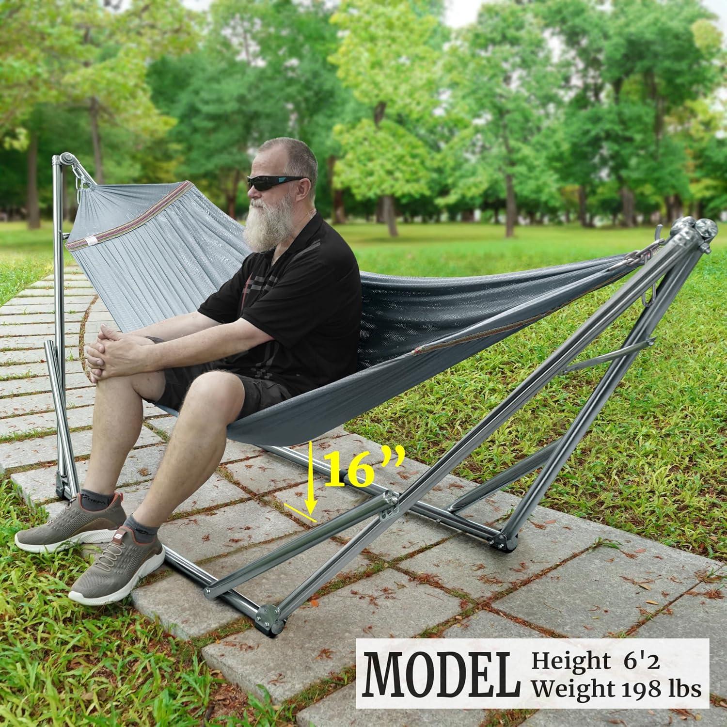 Tranquillo Adjustable Hammock Stand, Collapsible Camping Hammock and Stand, 650 lbs Capacity Deluxe Double Hammock Stand for 2 Persons, Portable Everywhere Easy Assembly Non-Slip and Noise-Free, Grey