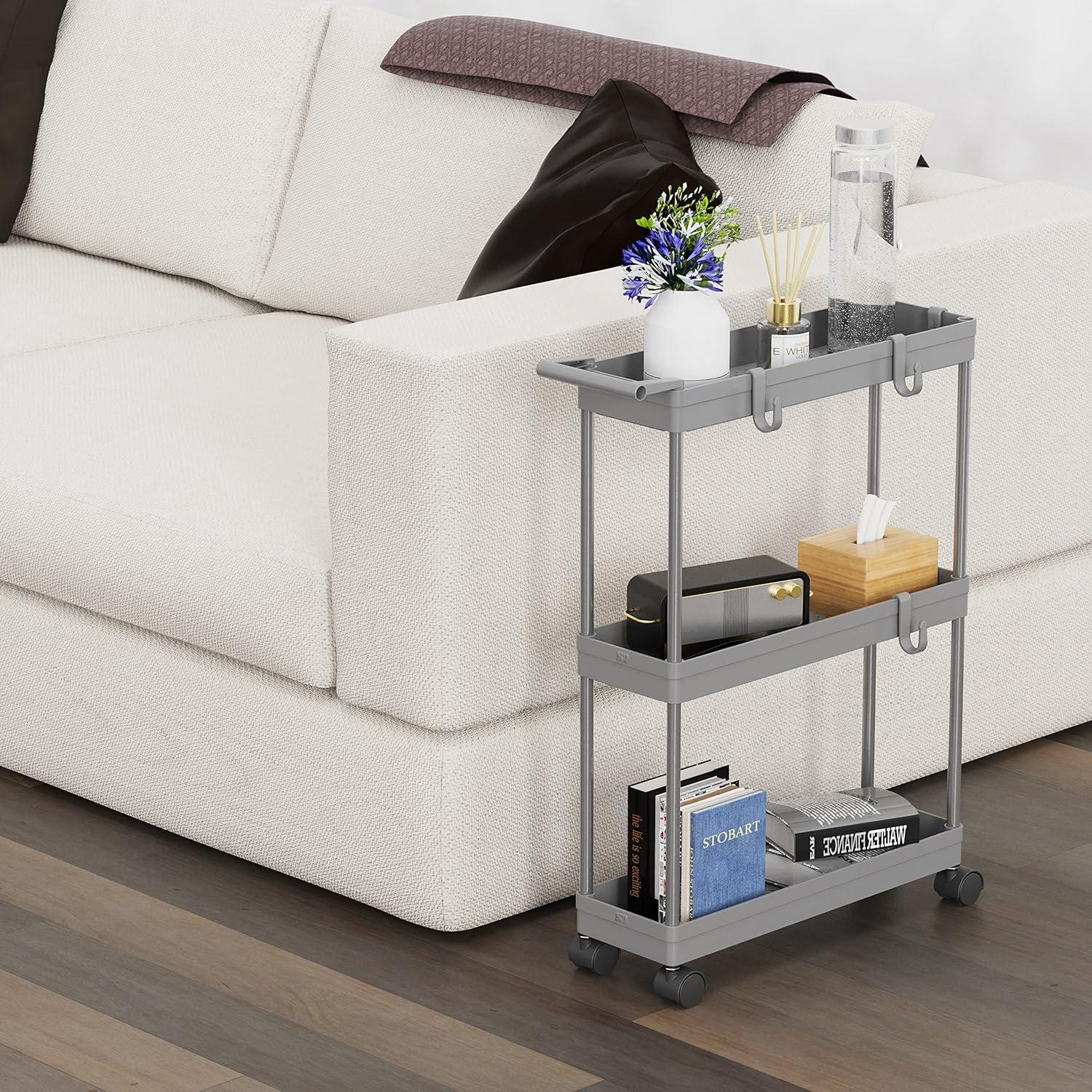 Slim Grey Plastic 3-Tier Kitchen Cart with Handle