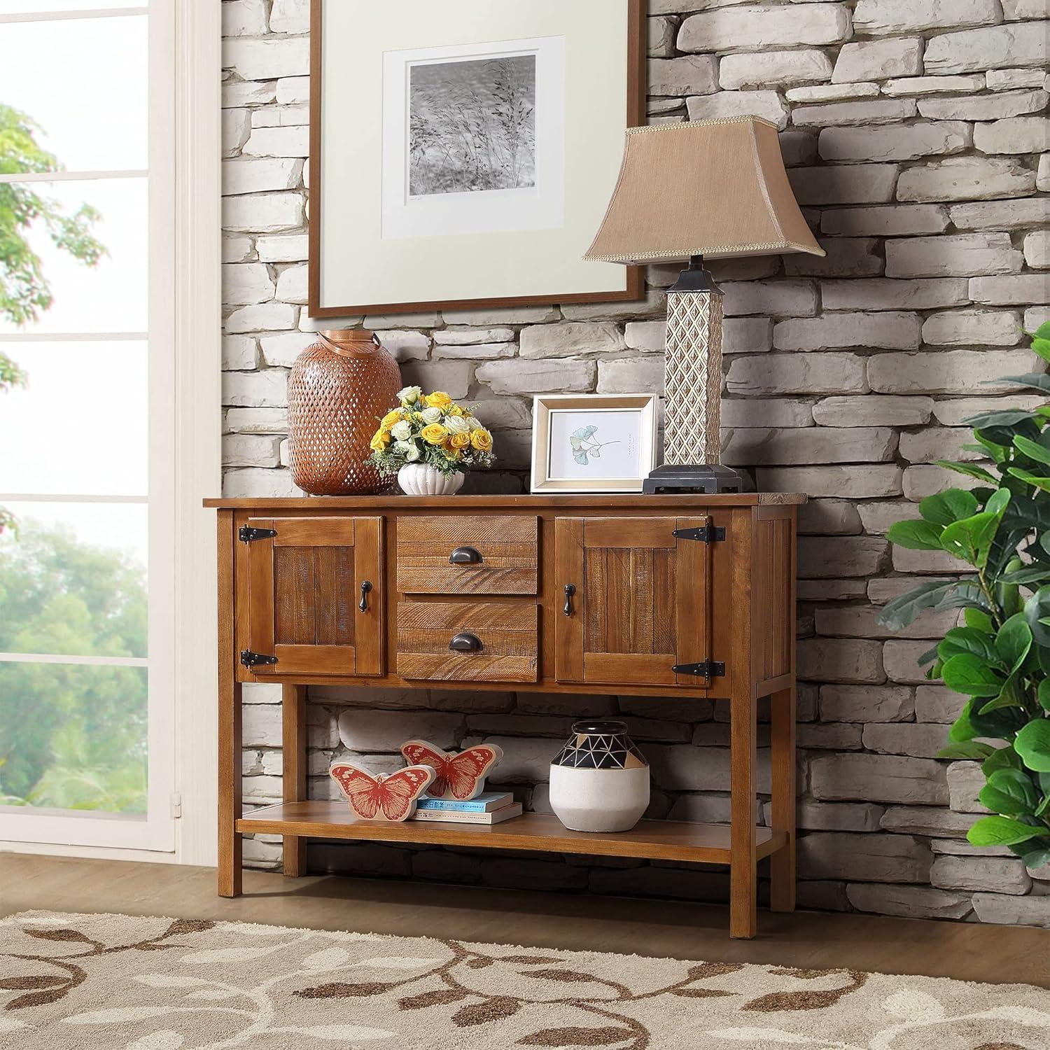 Brown Solid Wood Console Table with Storage Drawers and Shelves