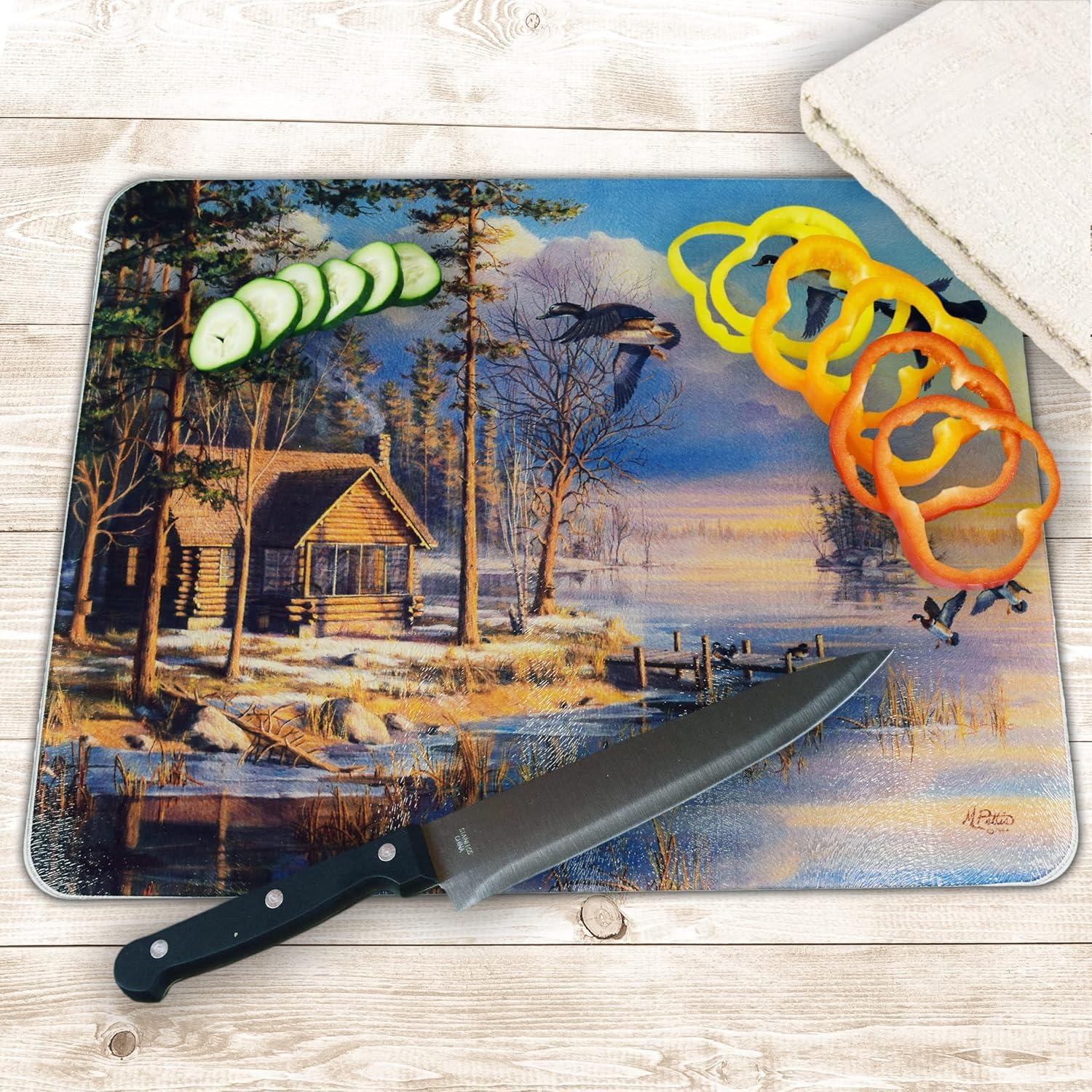 Rivers Edge Products Large 12in x 16in Decorative Tempered Glass Cutting Board, Hypoallergenic, Non Slip, Textured Surface Chopping Board for Kitchen, Cabin in the Woods, Spring Arrivals