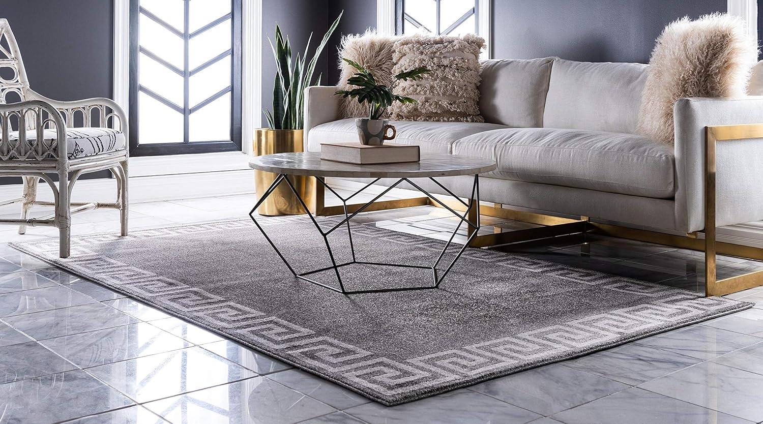 Gray Geometric Border Design 5' x 7' Area Rug