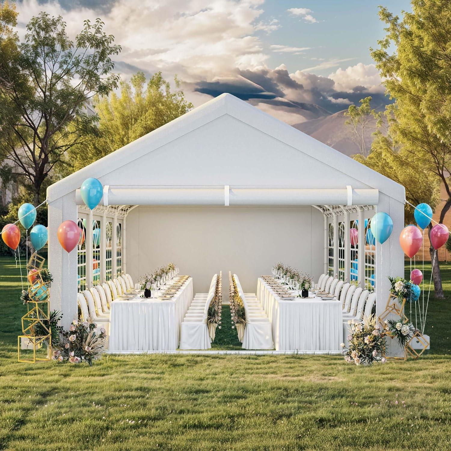 Dextrus 16x32FT Party Tent Heavy Duty PVC Wedding Event Shelters White Upgraded Galvanized Ripple Canopy with Large Roof Removable Sidewalls & 3 Storage Bags 600D Oxford Commercial