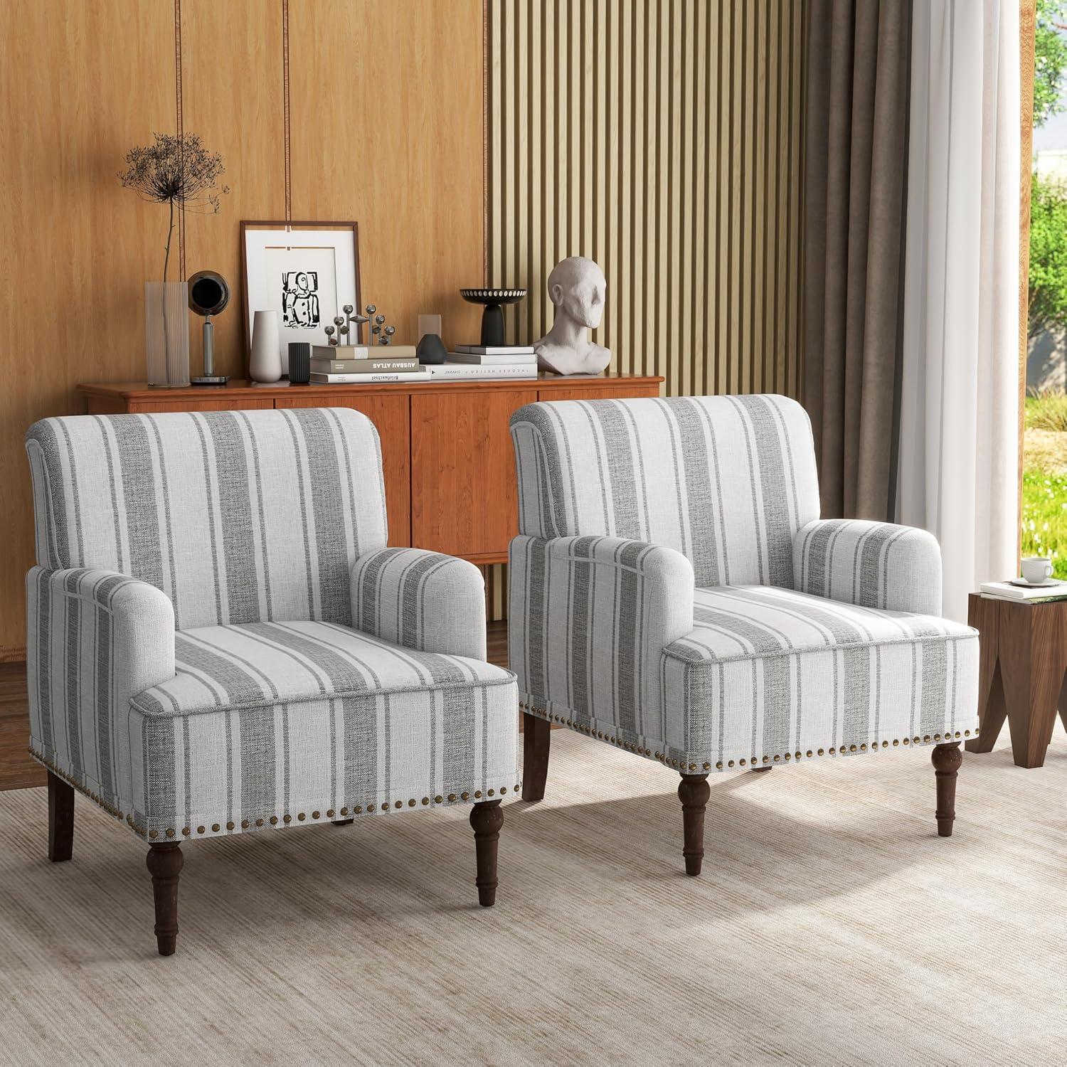 Gray Striped Barrel Accent Chair with Nailhead Trim