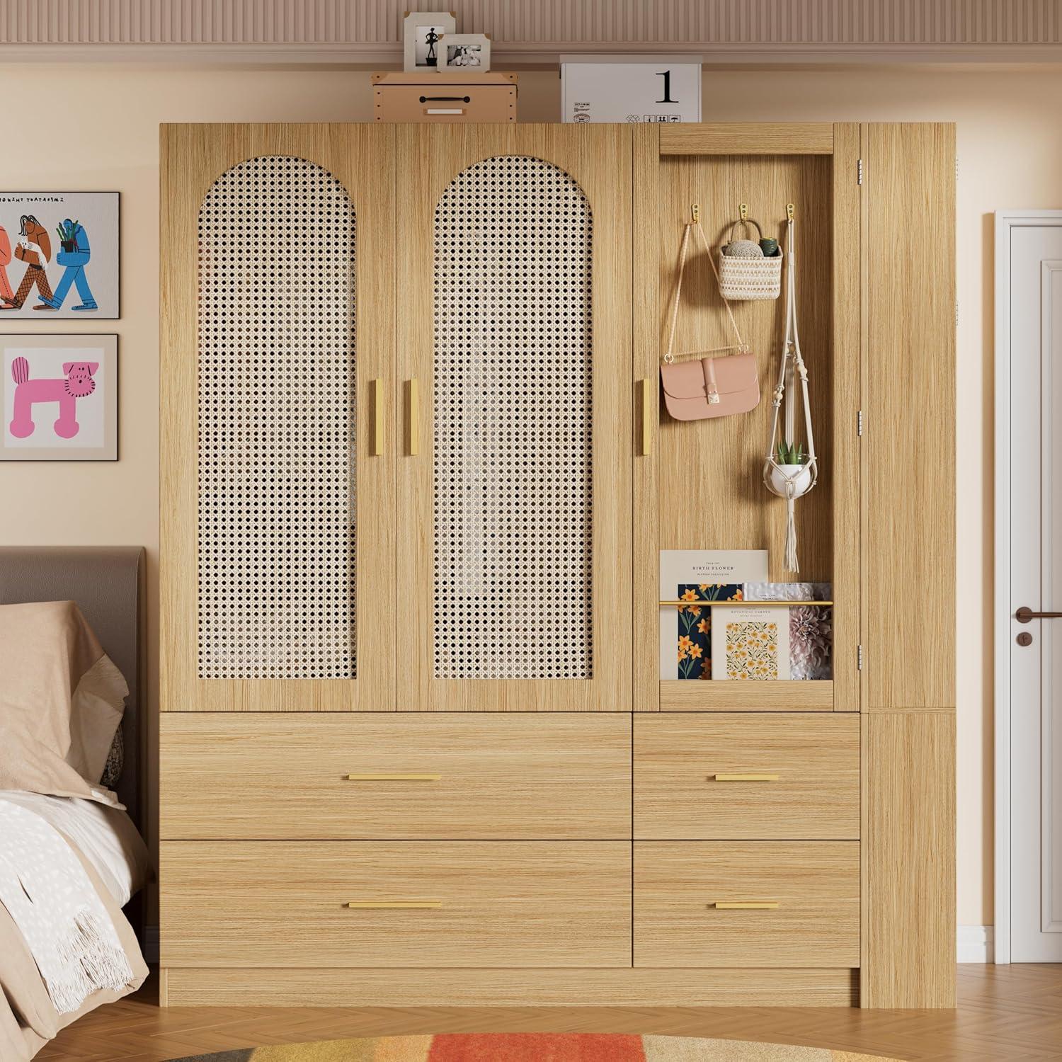 Everly Quinn Freestanding Armoire Wardrobe Closet with 2 Woven Doors