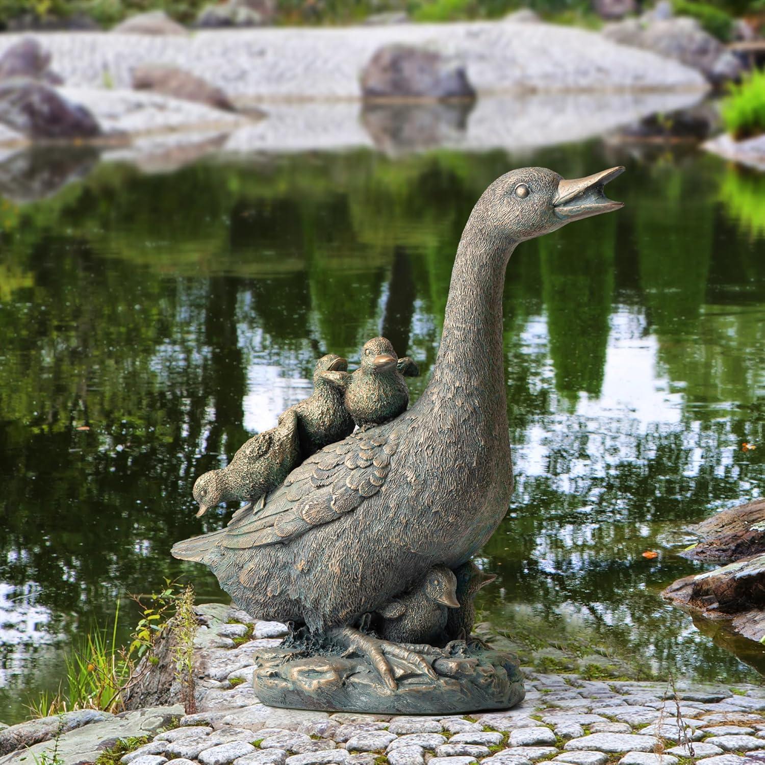 15" Aged Bronze Duck Family Garden Statue