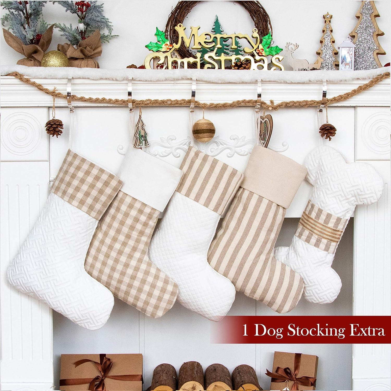 4 Pack Christmas Stocking(20inch) Plaid Snowflake Canvas Fireplace Hanging Xmas Stockings for Family Decorations Holiday Party Decor