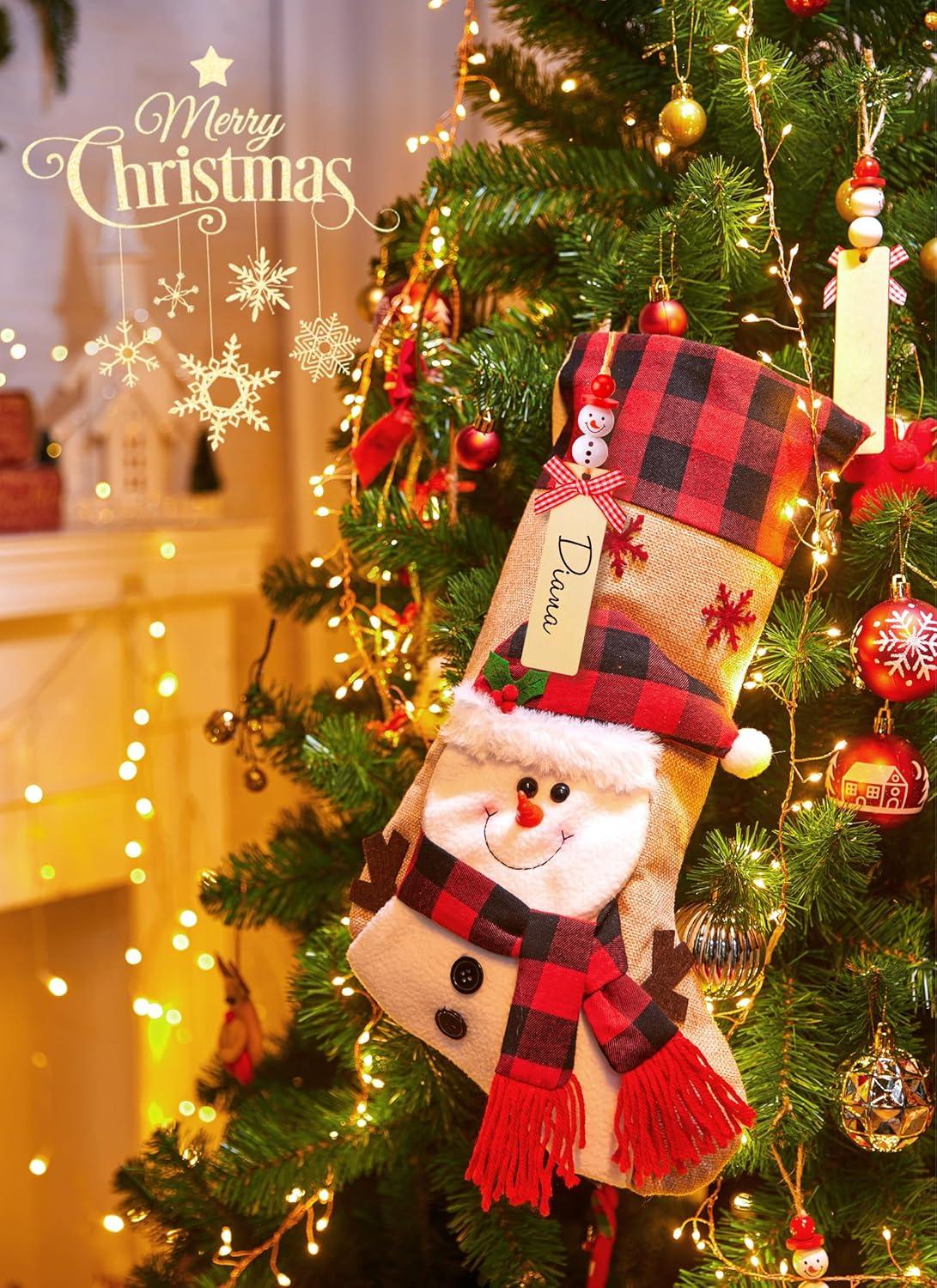 Christmas Stockings with Personalized Name Tag, 4 Pack 18" Christmas Stocking Snowman Deer Santa Gnome Burlap Plaid Xmas Stocking Holiday Christmas Decoration Gifts for Family