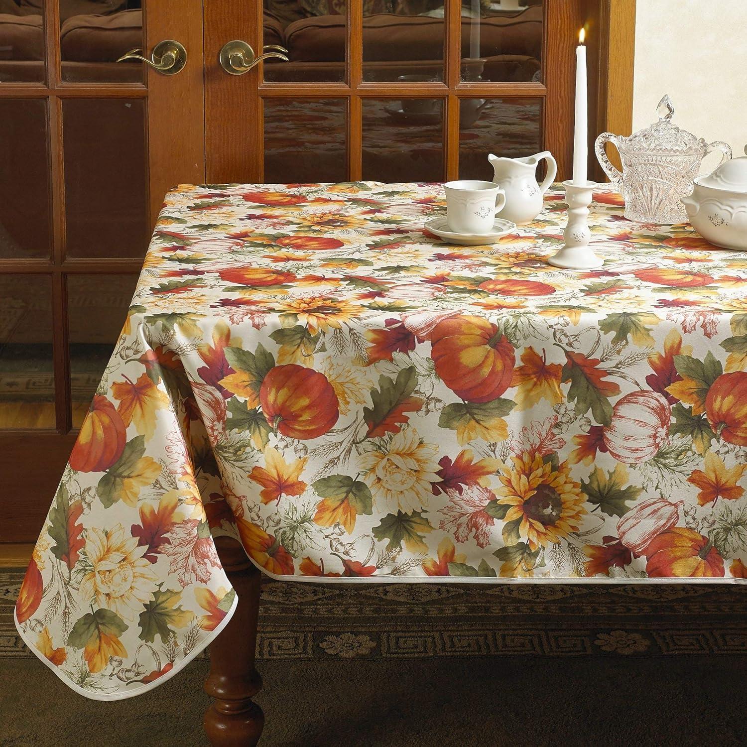 European Fall Harvest Pumpkins and Autumn Leaves Printed Tablecloth - 60" x 84"