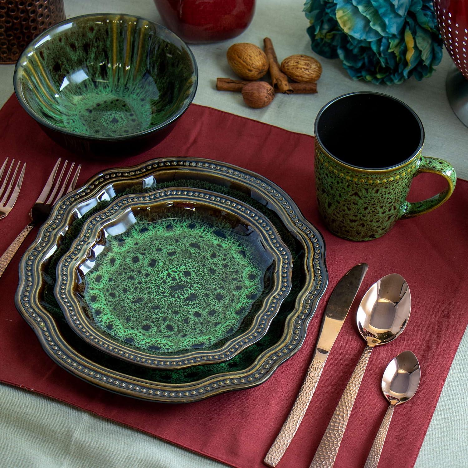 Elama  16 Piece Jade Waves Stoneware Dinnerware Set, Green