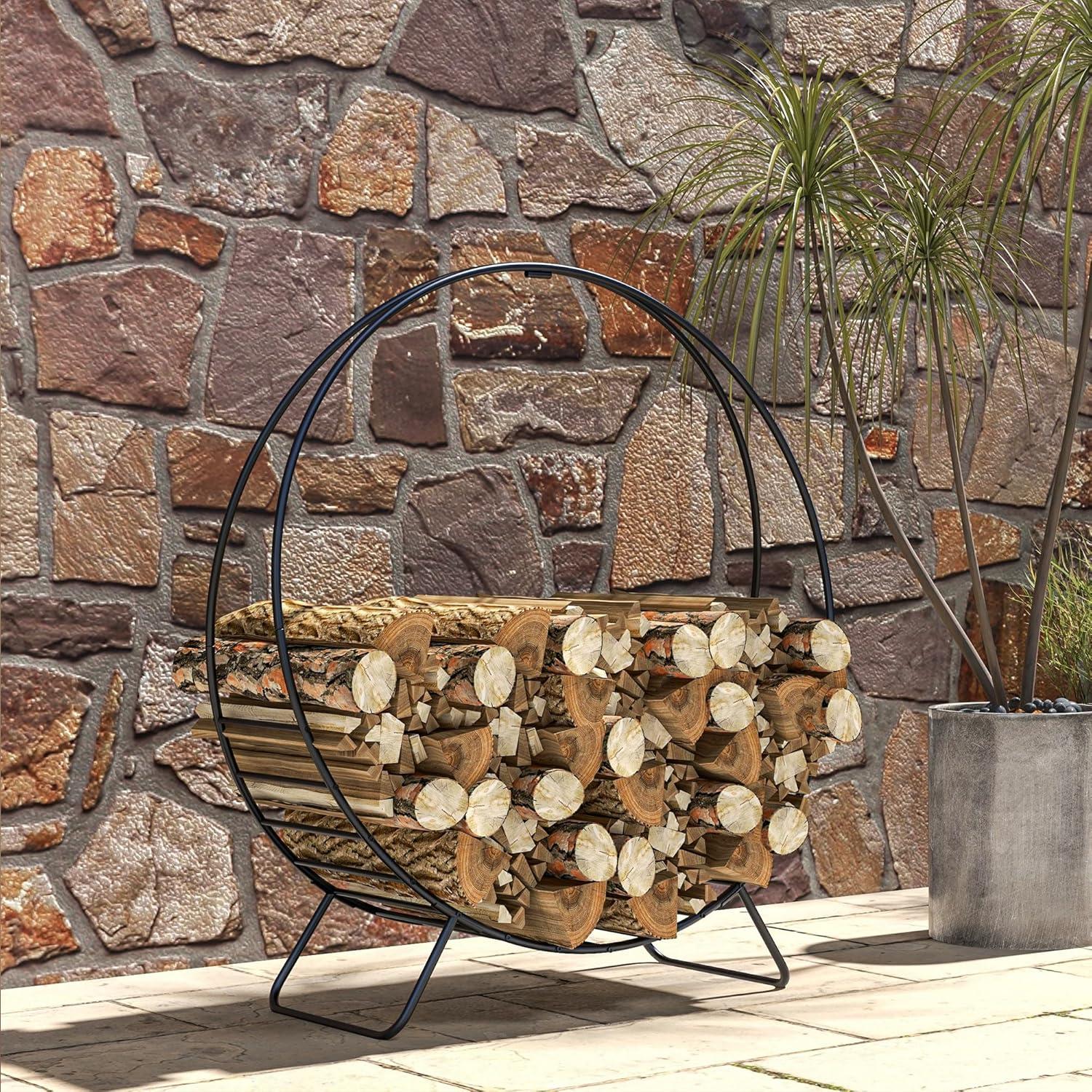 Outsunny 40 Inch Firewood Rack Outdoor Indoor with Zipper Cover, Waterproof Firewood Holder, Heavy Duty Log Holder, Wood Storage Hoop for Fireplace, Firepit, Black