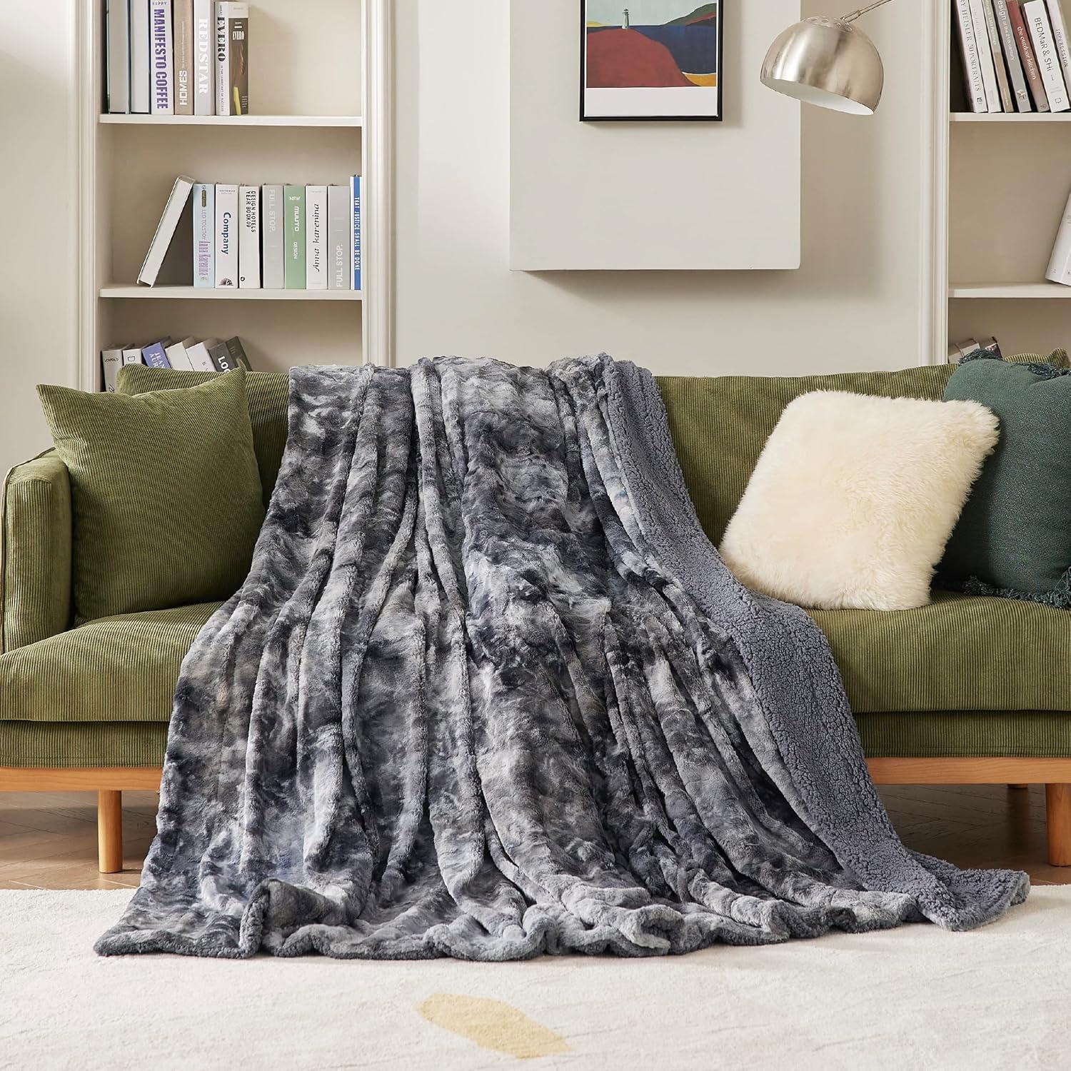 Grey Faux Fur and Sherpa Reversible Throw Blanket, 50x60 inches