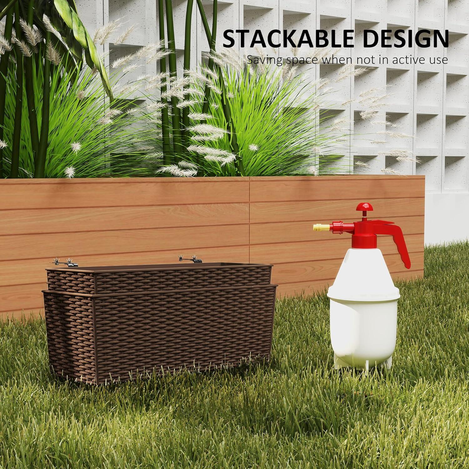 Outsunny Railing Planter Box (2 Pack, 20 Inch), Hanging Flower Pots with Hooks, Drainage Holes for Fence, Balcony, Garden, Patio, Rattan Look, Black