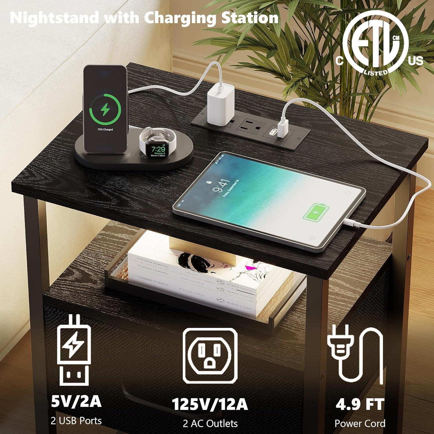 End Table with Charging Station, Narrow Side Table with 2 Fabric Drawers, Skinny Nightstand with LED Light, Slim Bedside Table for Bedroom, Living Room, Small Spaces, White