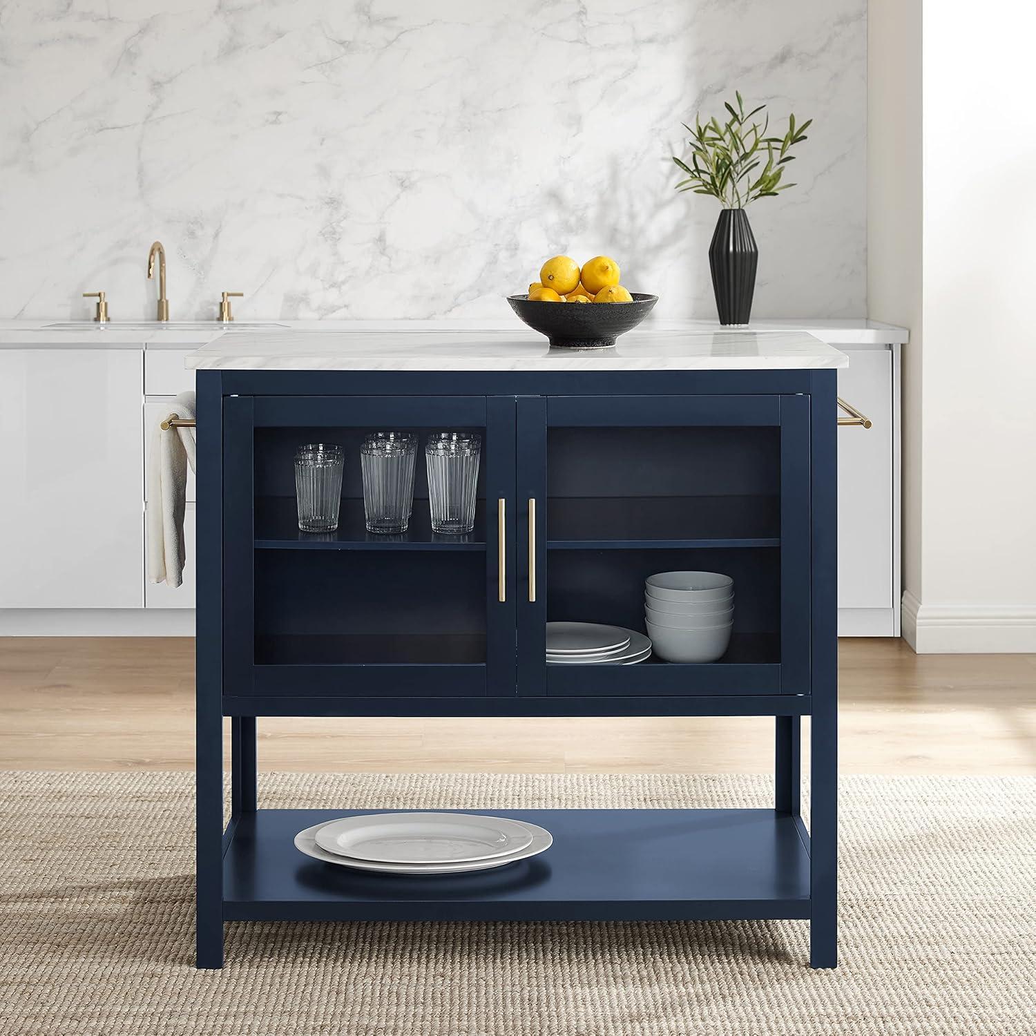 Katrina Kitchen Island Navy/White Marble - Crosley: Faux Marble Top, Glass Doors, Towel Bars