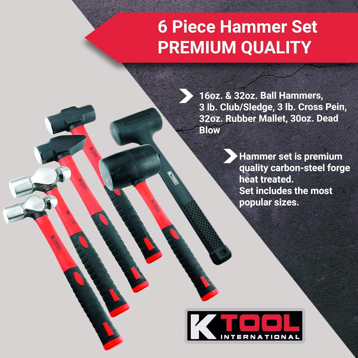 6 Piece Carbon-Steel Forged Hammer Set with Fiberglass Handles