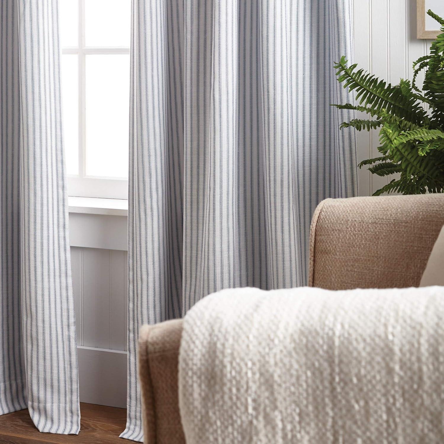 Indigo and Gray Extended Stripe Blackout Cotton Drapes, Set of 2