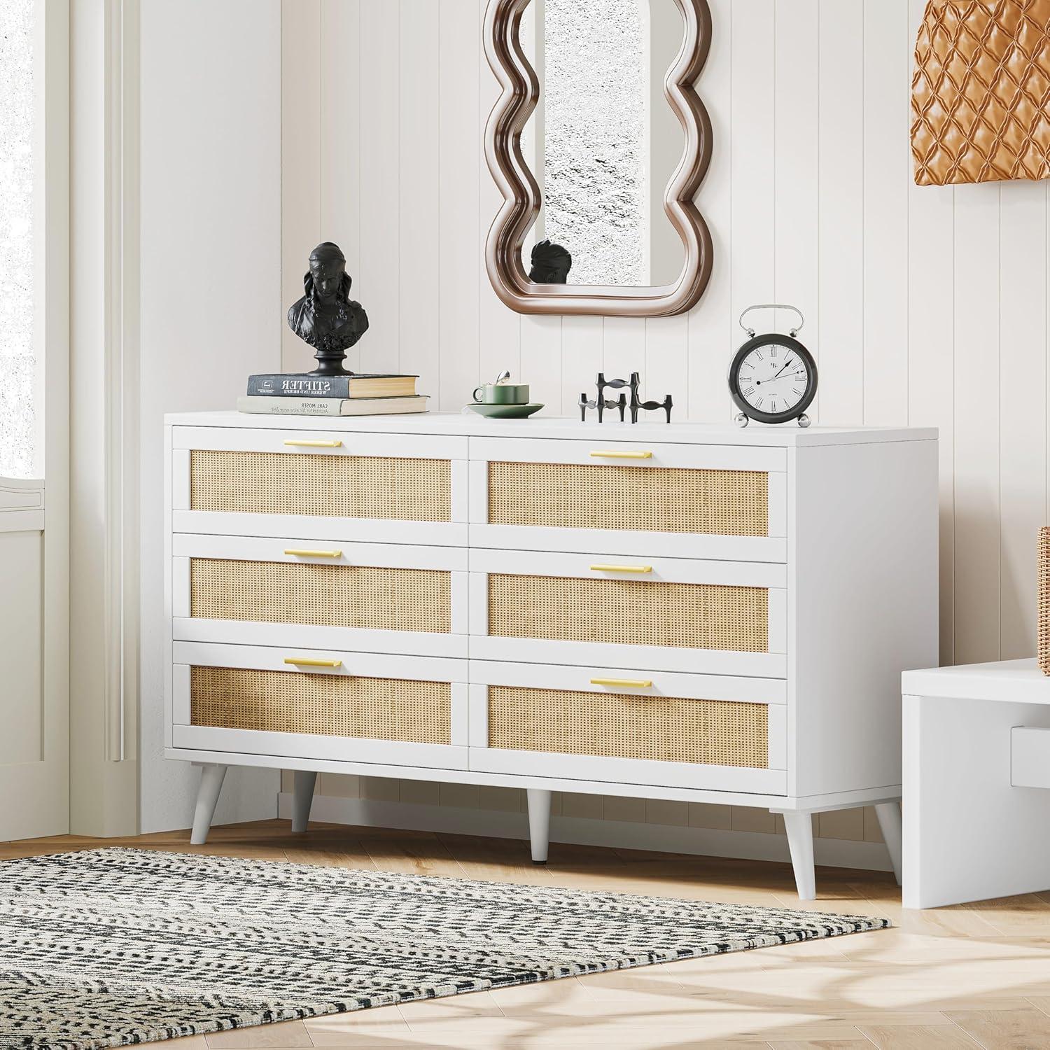 White and Natural Double Dresser with Rattan Drawers