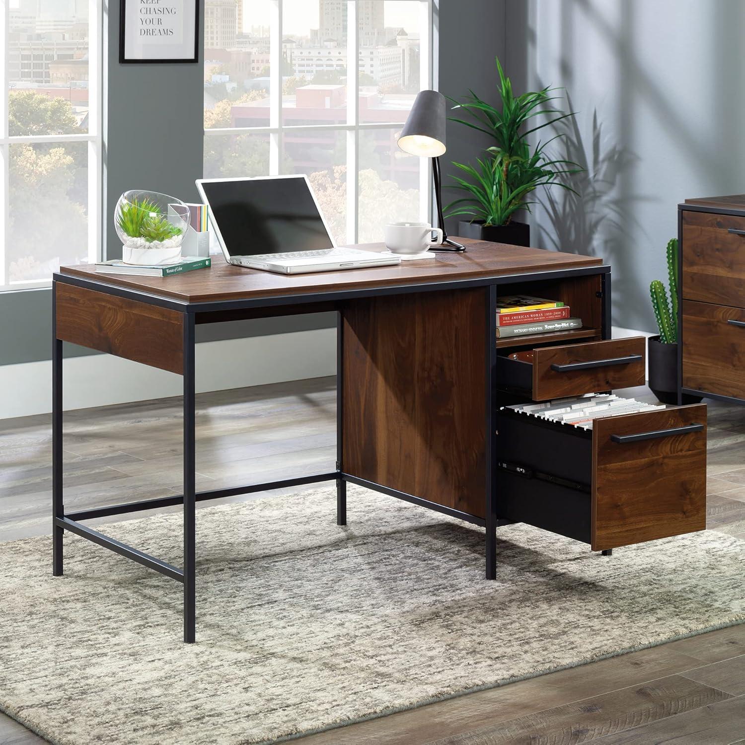 Grand Walnut Wood Desk with Drawer and Filing Cabinet