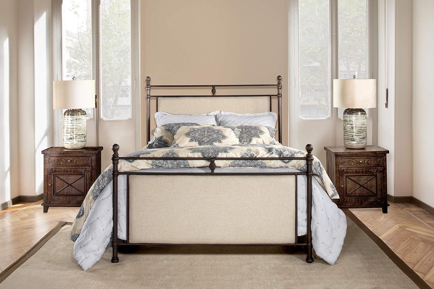 King Ashley Metal and Upholstered Bed Set Linen Stone Fabric/Rustic Brown - Hillsdale Furniture