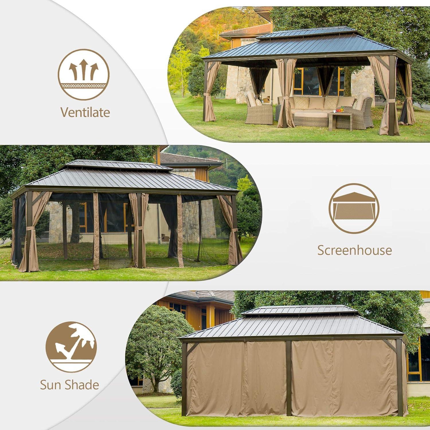 Domi Outdoor Living 14’ X 20’ Hardtop Gazebo, Outdoor Aluminum Frame Canopy with Galvanized Steel Double Roof, Outdoor Permanent Metal Pavilion with Curtains and Netting for Patio, Backyard and Lawn