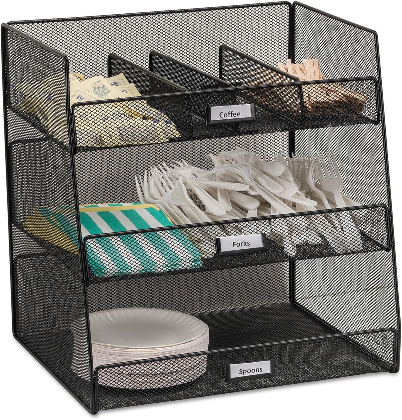 Safco Onyx Breakroom Organizers, 3 Compartments,14.63 x 11.75 x 15, Steel Mesh, Black