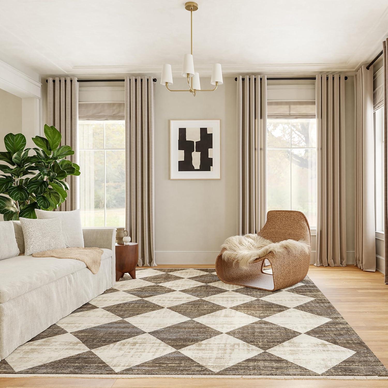 Beige and Brown Checkered Synthetic Indoor Area Rug