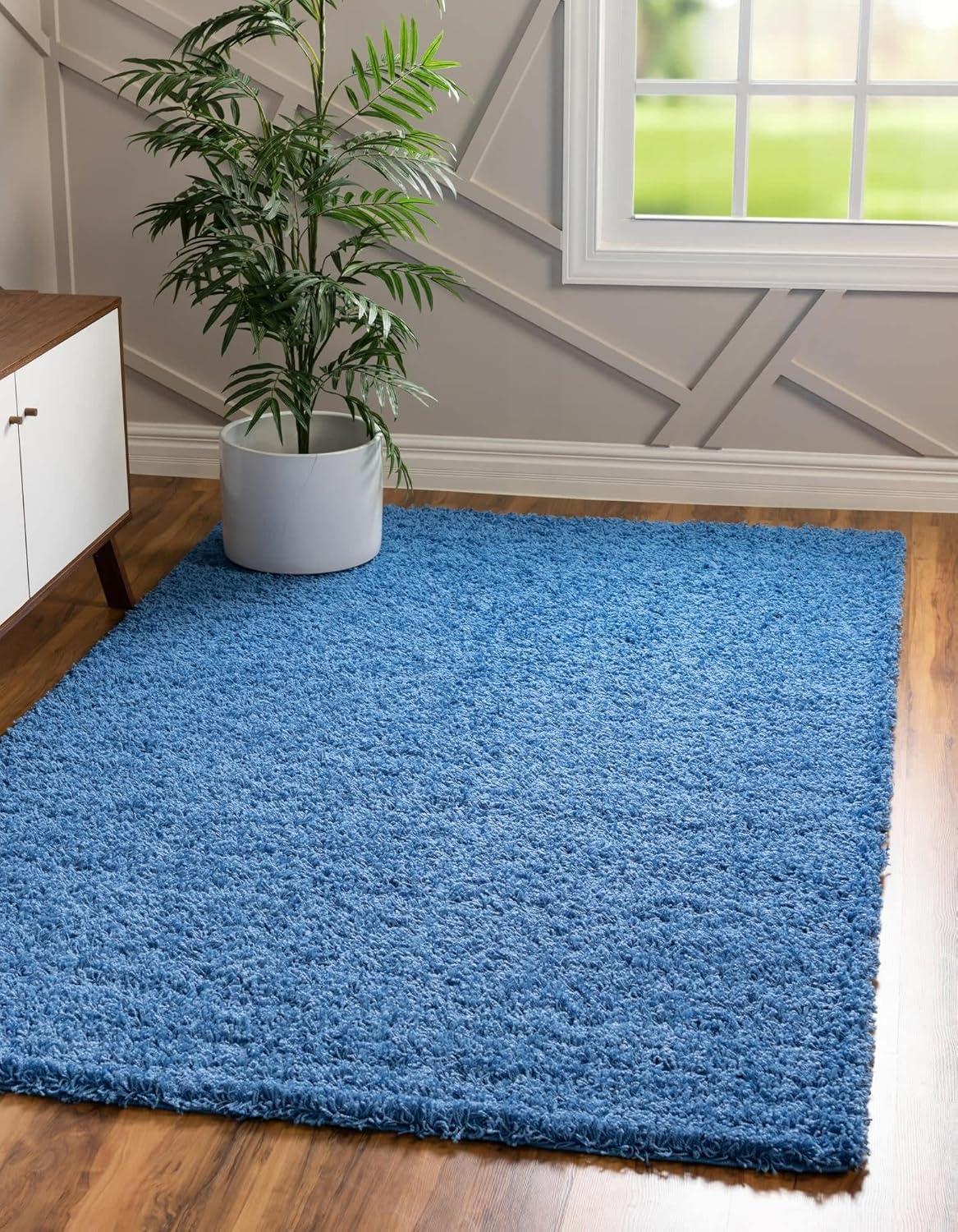 Luxurious Blue Solid Shag Synthetic 9' x 12' Area Rug