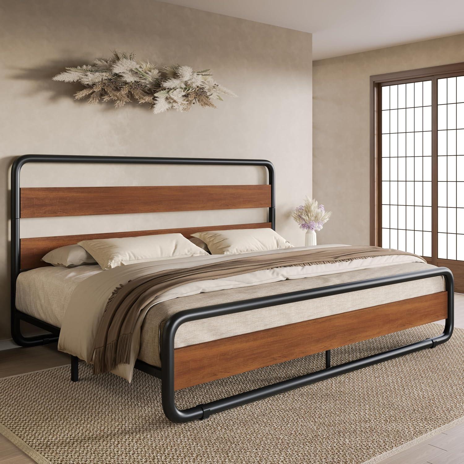 Merrland King Bed Frame with Headboard and Footboard,Heavy Duty Metal Platform Bed,No Box Spring Required,Brown