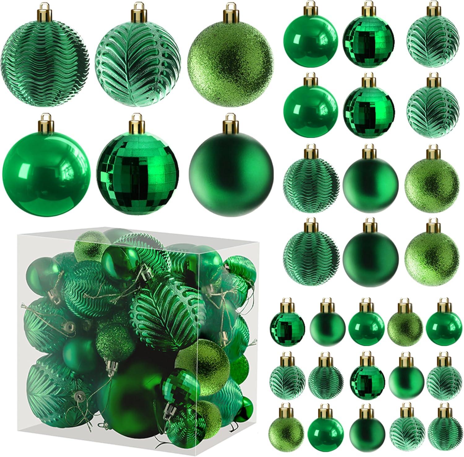 Green Shatterproof Plastic Christmas Ball Ornaments Set of 36