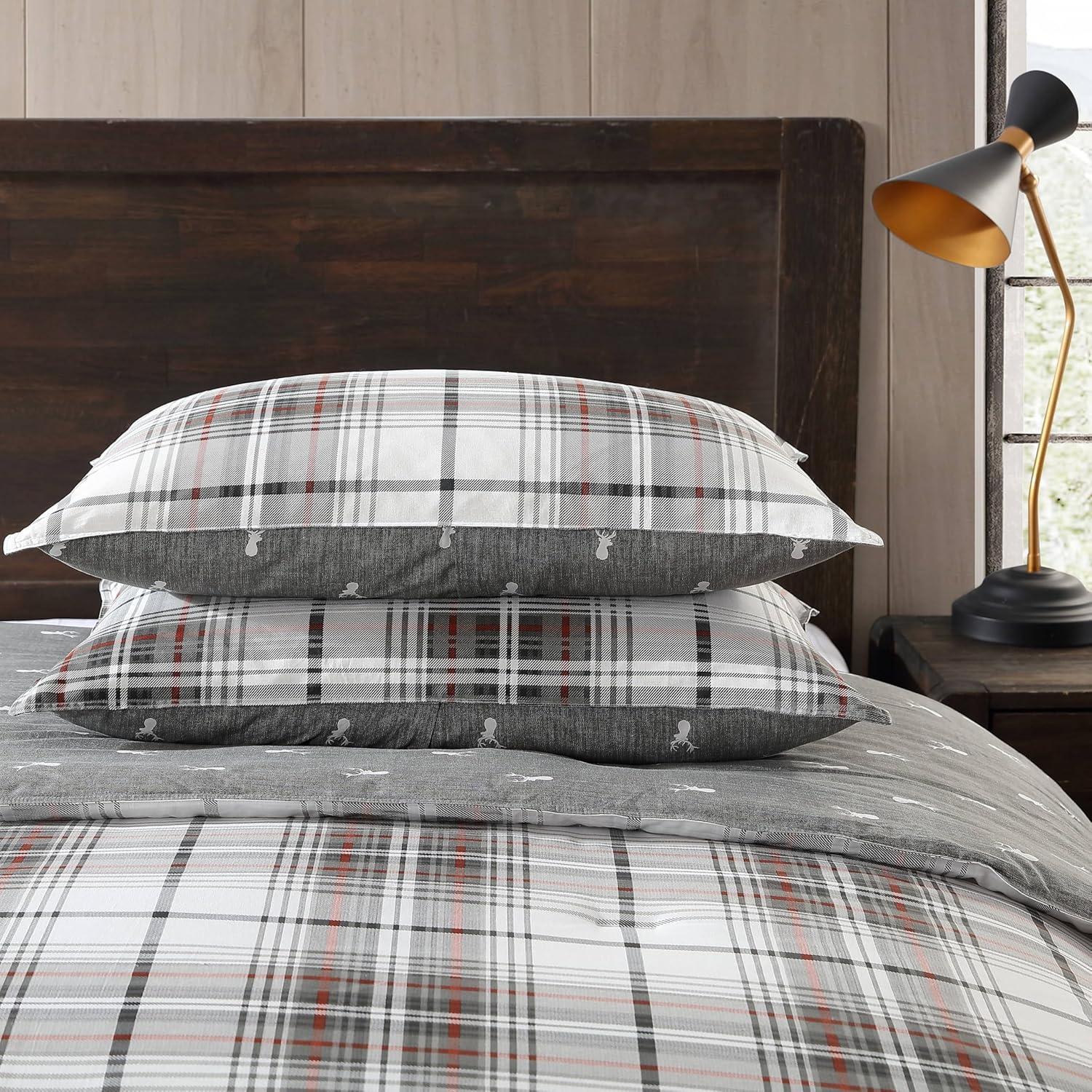 Eddie Bauer Plaid Alder Plain Weave Comforter Sets, King, Gray, 3-Pieces