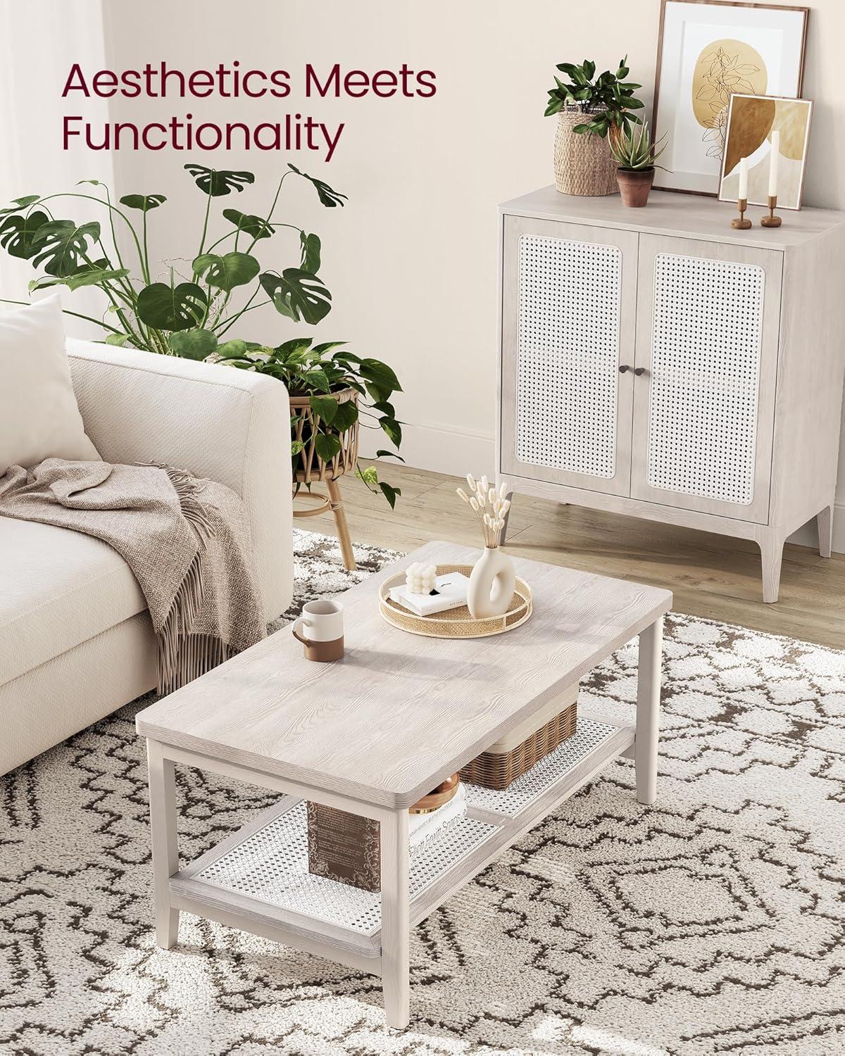 VASAGLE 2-Tier Coffee Table for Living Room, Rectangular Living Room Table, with PVC Rattan Storage Shelf, Rounded Corners, Easy Assembly, Boho Style, 21.7 x 39.4 x 17.7 Inches, Oak Beige ULCT240Y57