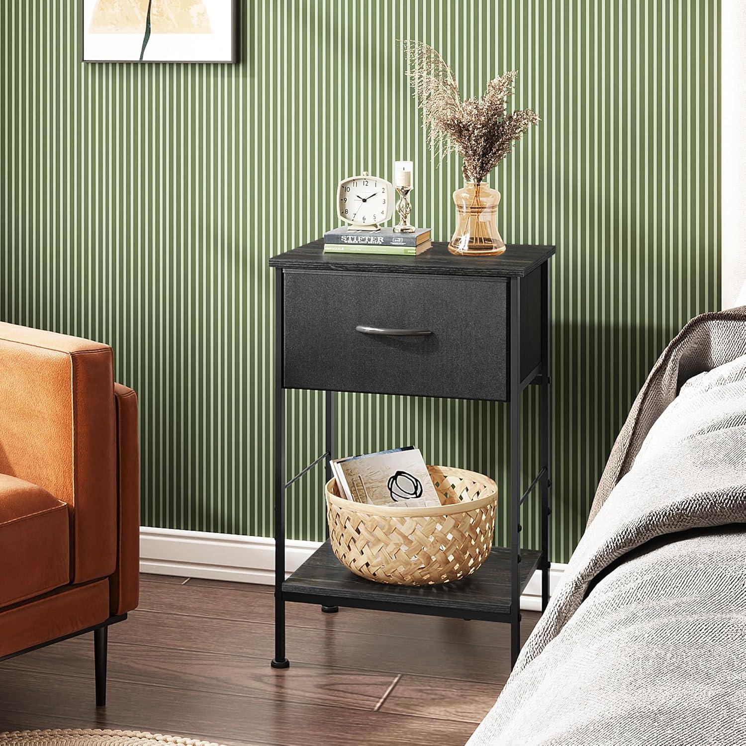 Charcoal Black Metal Nightstand Set with Fabric Drawer and Wood Shelf