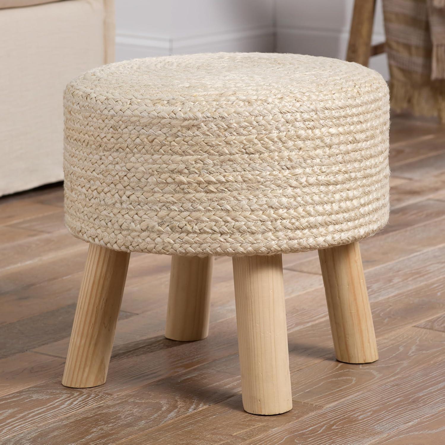 Cream Round Jute Pouf with Wooden Legs