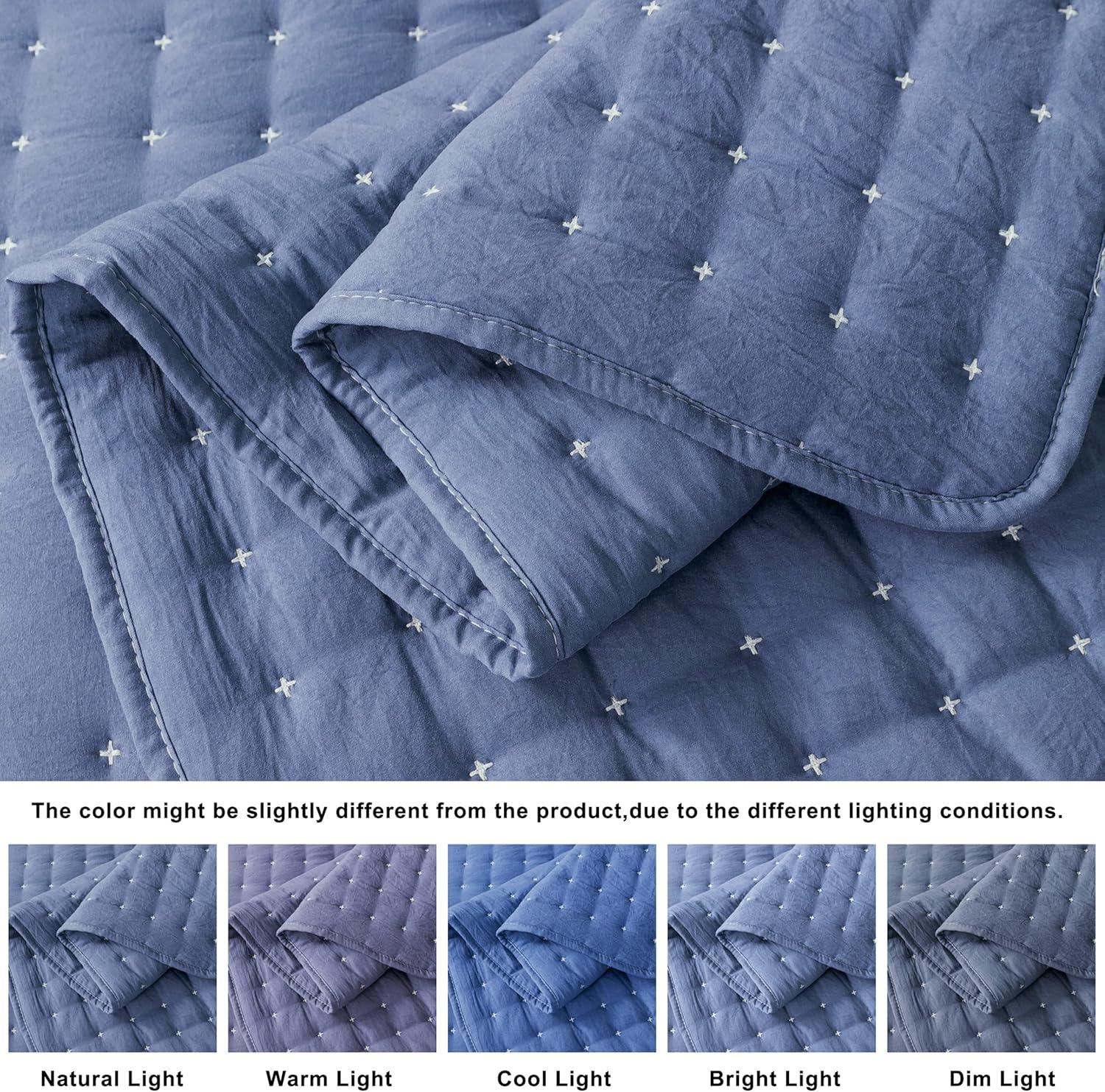 Blue Microfiber Queen Bedspread Set with Pillow Shams