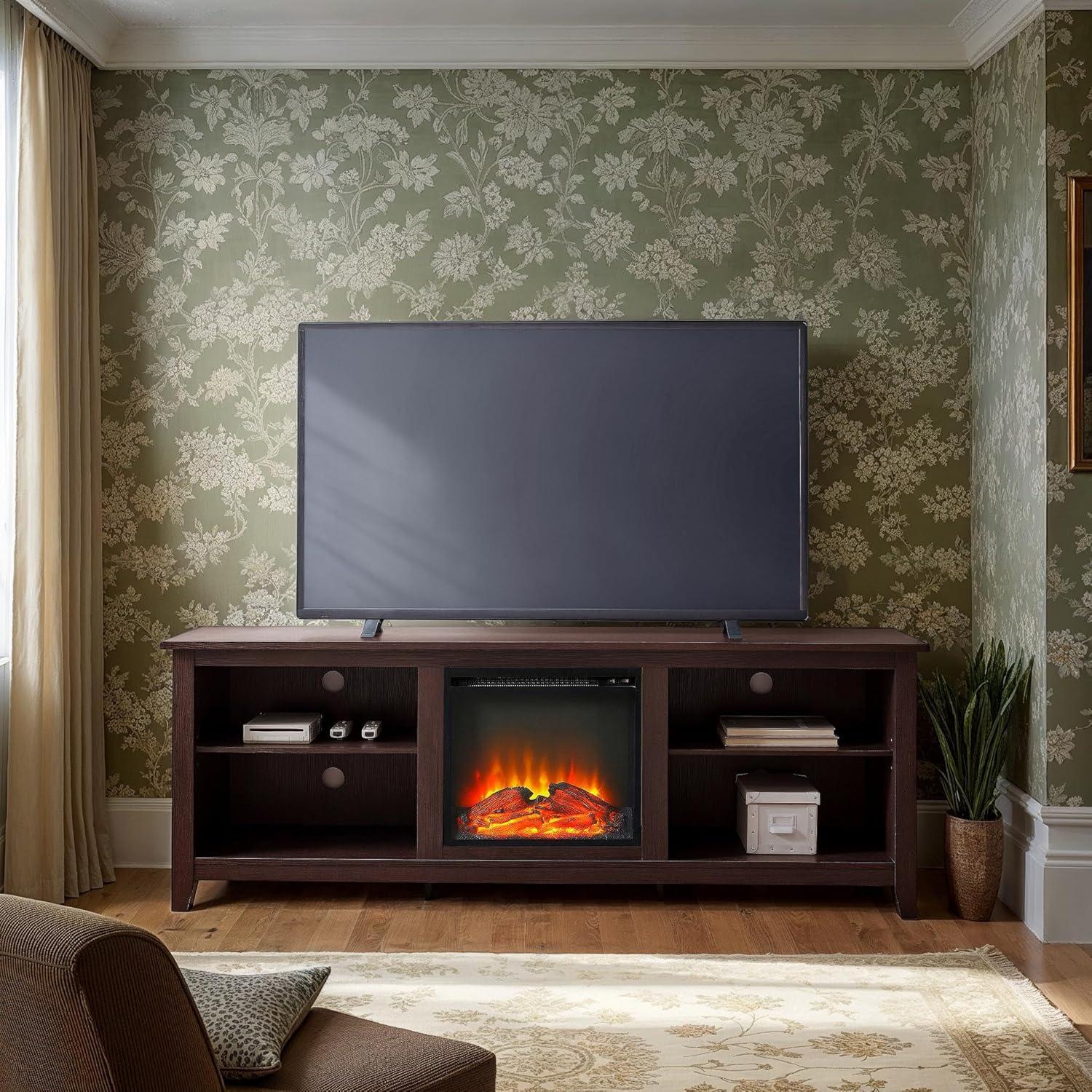 Walker Edison Open Storage Fireplace TV Stand for TVs Up to 80", Espresso