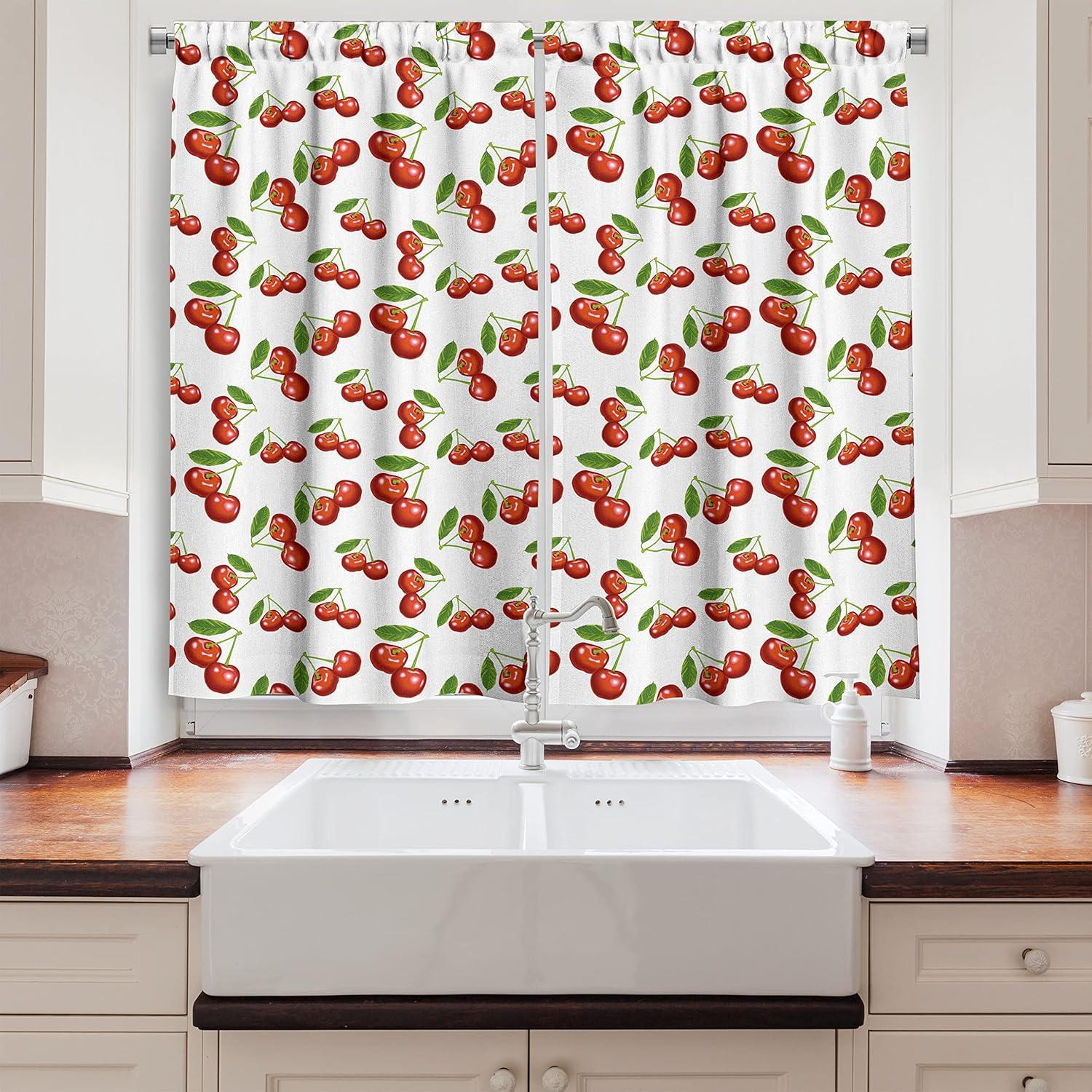 Kitchen Curtains 2 Panels Set, Cherry Pattern Design Fresh Berry Fruit Summer Garden Macro Digital Print, Window Drapes for Living Room Bedroom, 55W X 39L Inches, Red Green and White, by Ambesonne