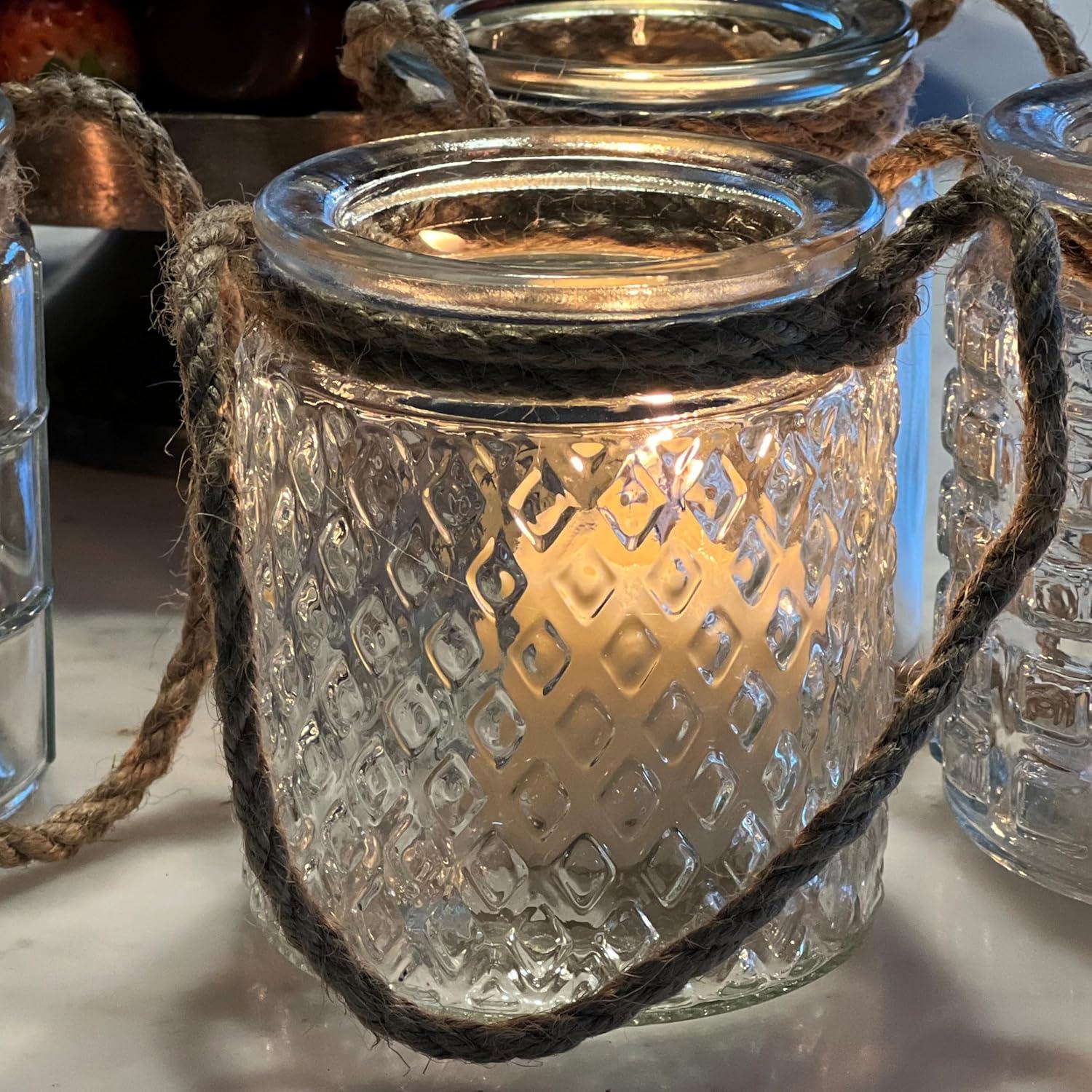 Beach Chic Nautical Rope Hurricane Lamps, Clear Glass Candle Holder, for LED or Wax Votive, Pillar or Tealights, Wind Light, Set of 5, 2 3/4 x 2 3/4 x 3 1/2 Inches