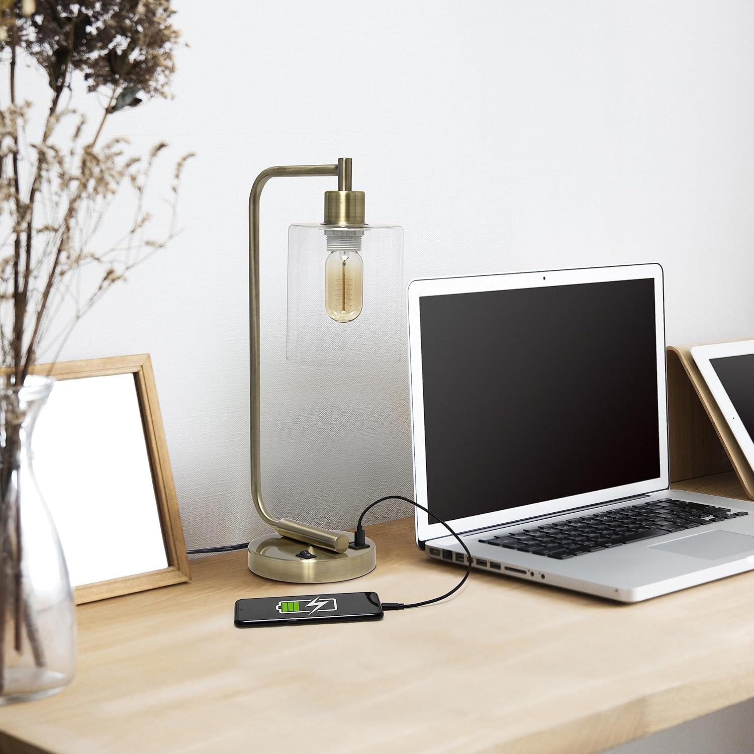 Modern Iron Desk Lamp with USB Port and Glass Shade Antique Brass Finish - Lalia Home: ETL Listed, No Assembly, Edison Bulb Compatible