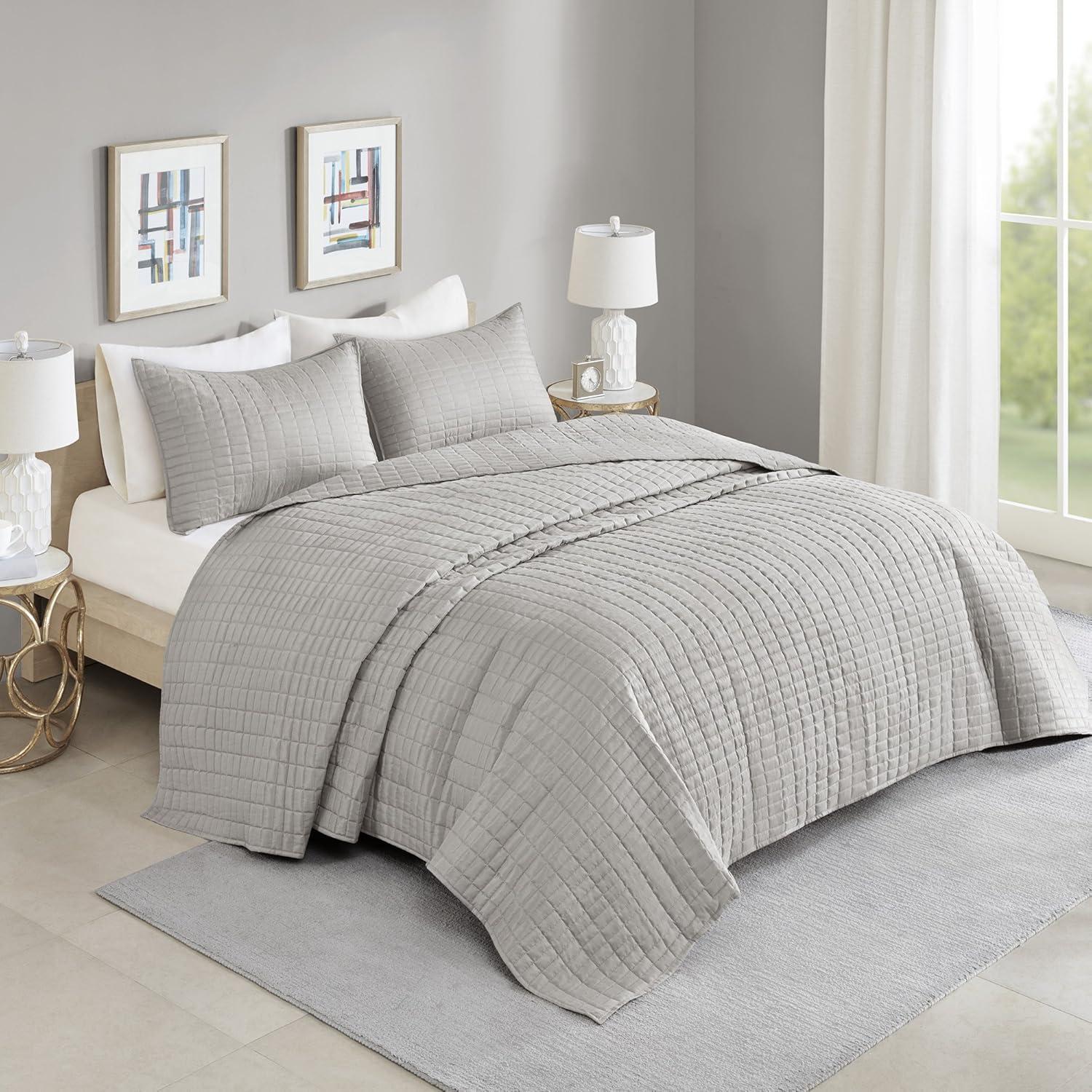 King Gray Microfiber Reversible Quilt Set with Shams