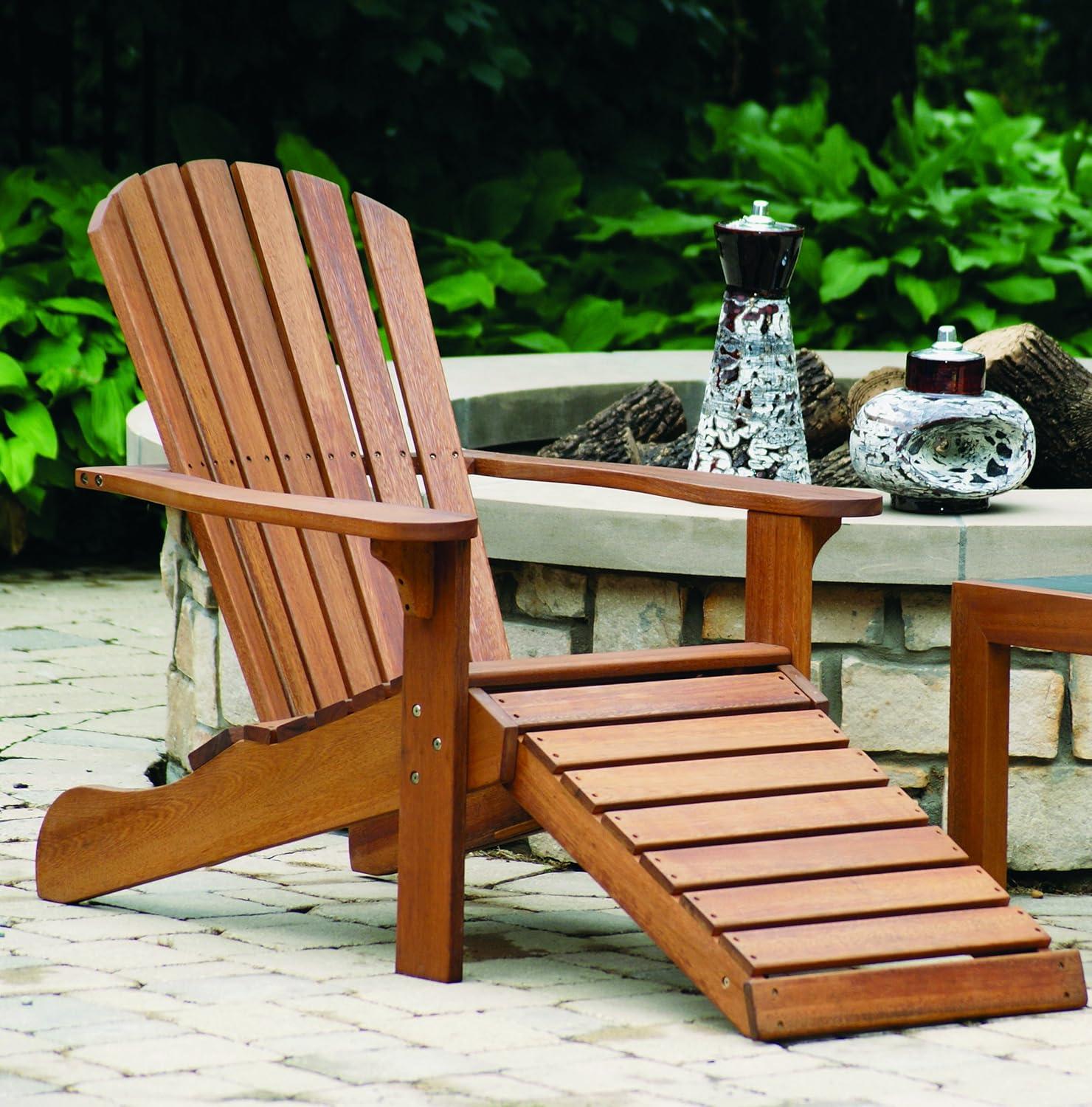 Classic Eucalyptus Adirondack Chair with Built-in Ottoman in Brown Umber