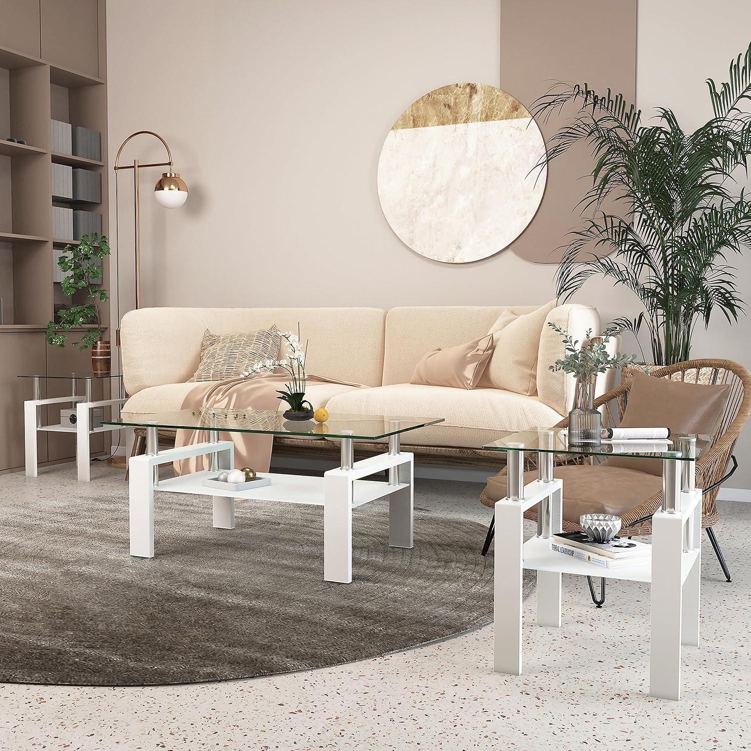 2-Tier Tempered Glass End Table Set of 2, Modern Sofa Side Table with Open Storage Shelf, Steel Pipe and Metal Legs, Square Tea Table, Glass Nightstand for Living Room Bedroom Office, White
