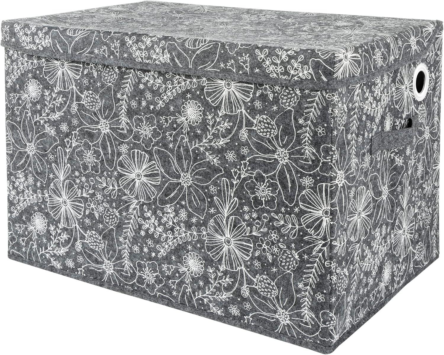 Gray Floral Felt Toy Storage Box with Handles and Lid