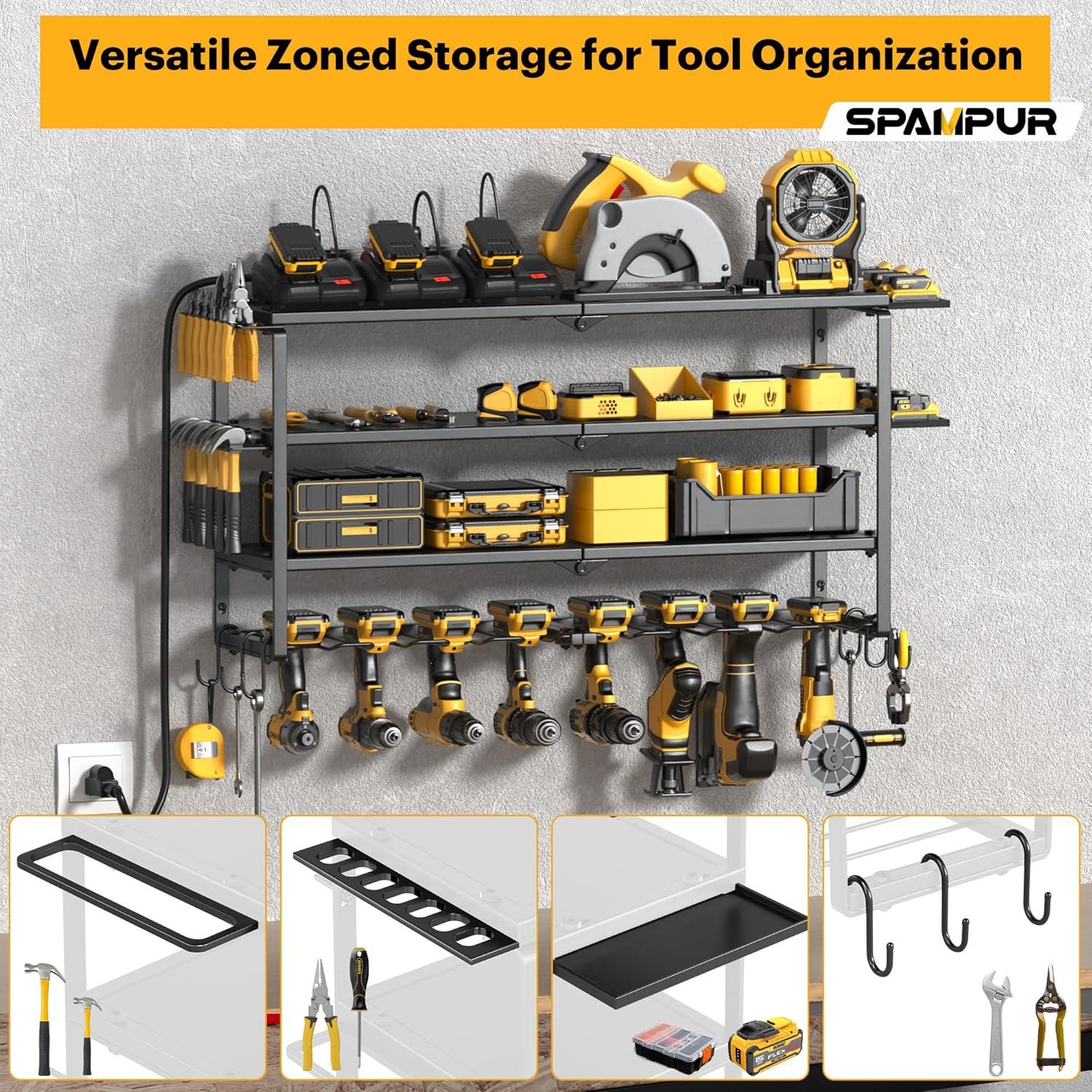 UNIVERSAL WINDOW SOLUTIONS Power Tool Organizer With Charging Station, 8 Drill Holder Wall Mount, 4 Layer Storage Rack For Garage Storage, Heavy Duty Utility Racks, Tool Battery Shelf With 6 Outlet Power Strip