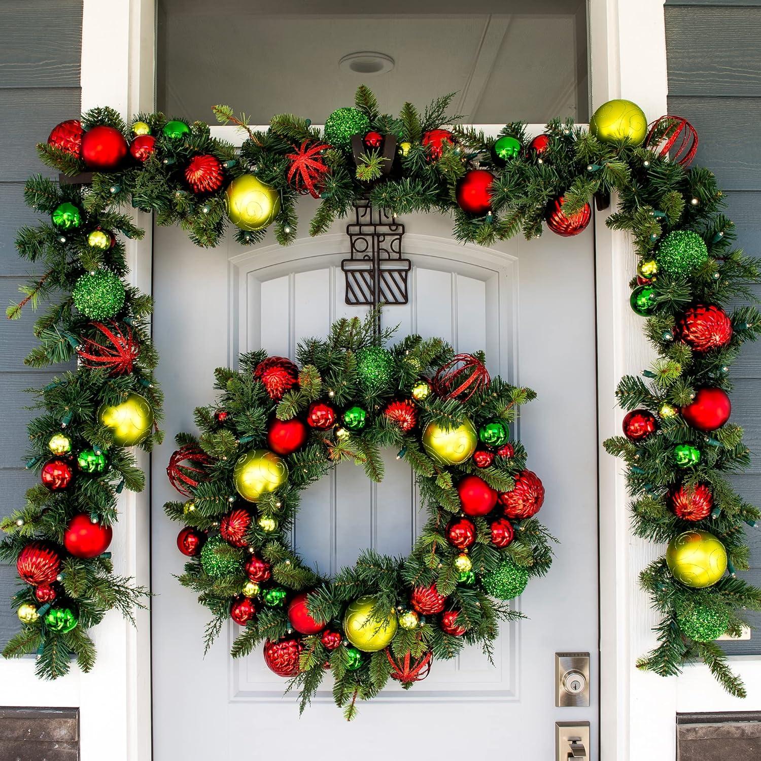 [9 Foot Artificial Christmas Garland] - Festive Holiday Collection - Red and Green Decoration - Pre Lit with 100 Warm Clear Colored LED Mini Lights - includes Remote Controlled Battery Powered Timer